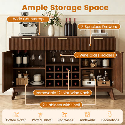 Wine Bar Cabinet, Adjustable Shelves, 2 Doors, 3 Glass Holders, Brown
