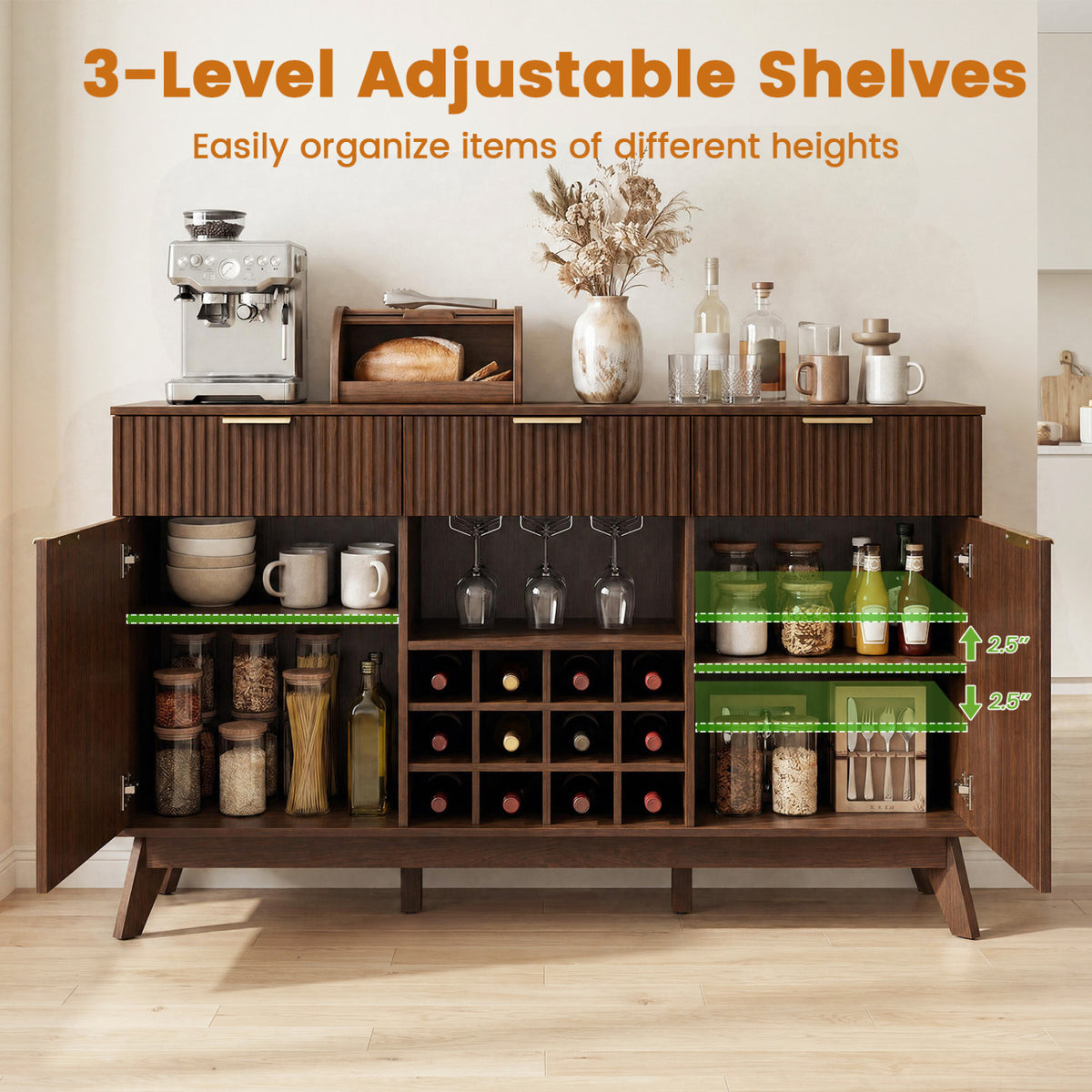 Wine Bar Cabinet, Adjustable Shelves, 2 Doors, 3 Glass Holders, Brown