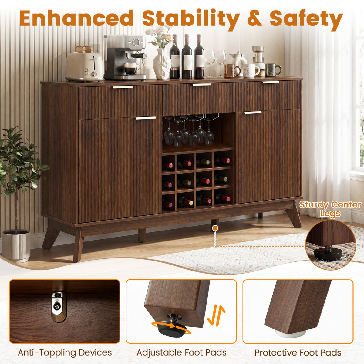 Wine Bar Cabinet, Adjustable Shelves, 2 Doors, 3 Glass Holders, Brown