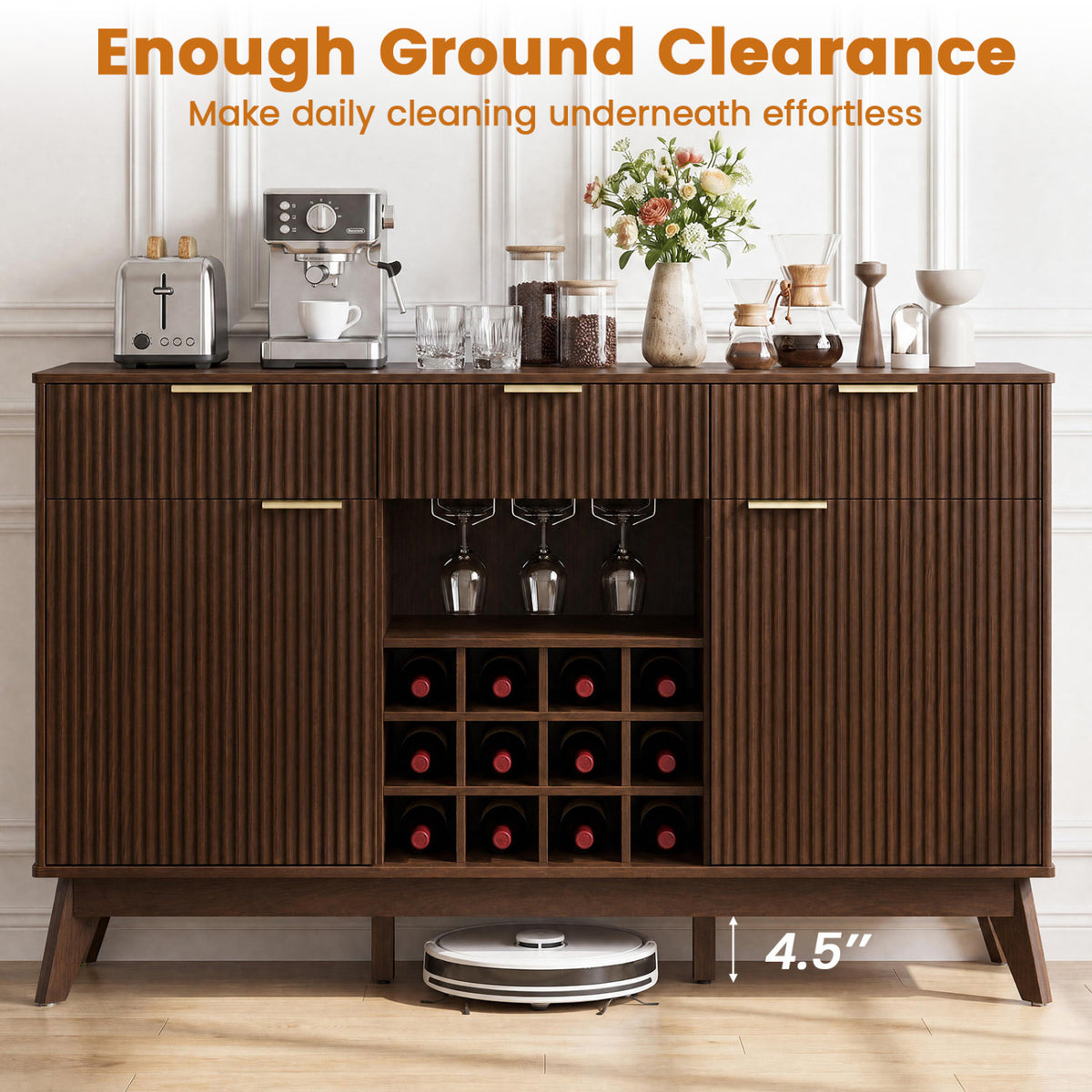 Wine Bar Cabinet, Adjustable Shelves, 2 Doors, 3 Glass Holders, Brown