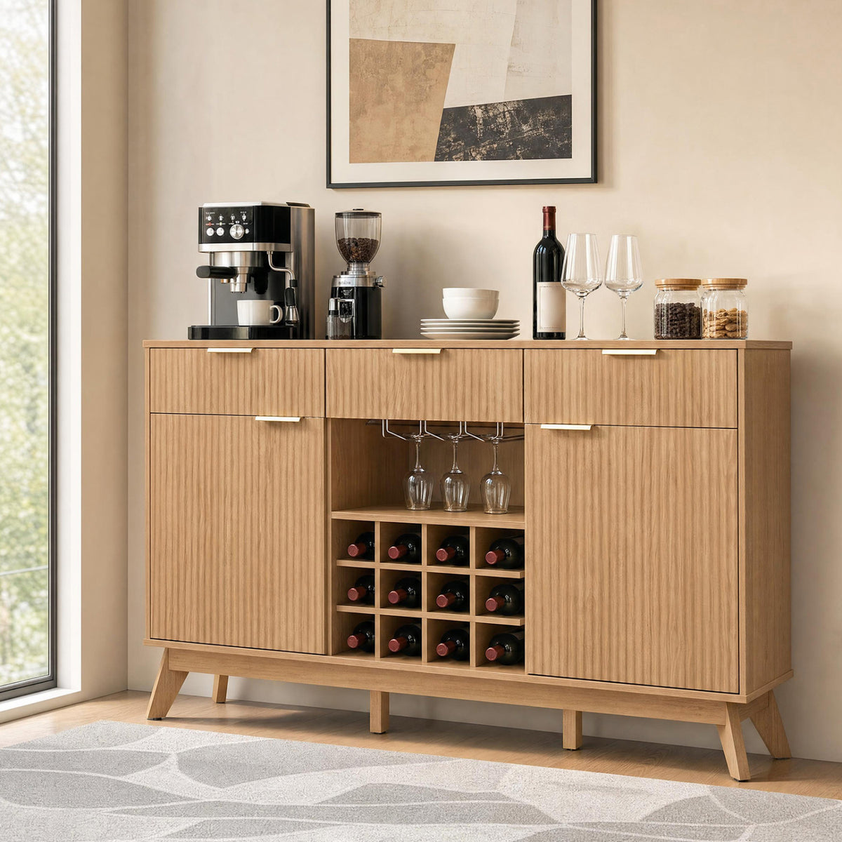 Armoire bar à vin, 2 portes, 3 porte-verres, naturel