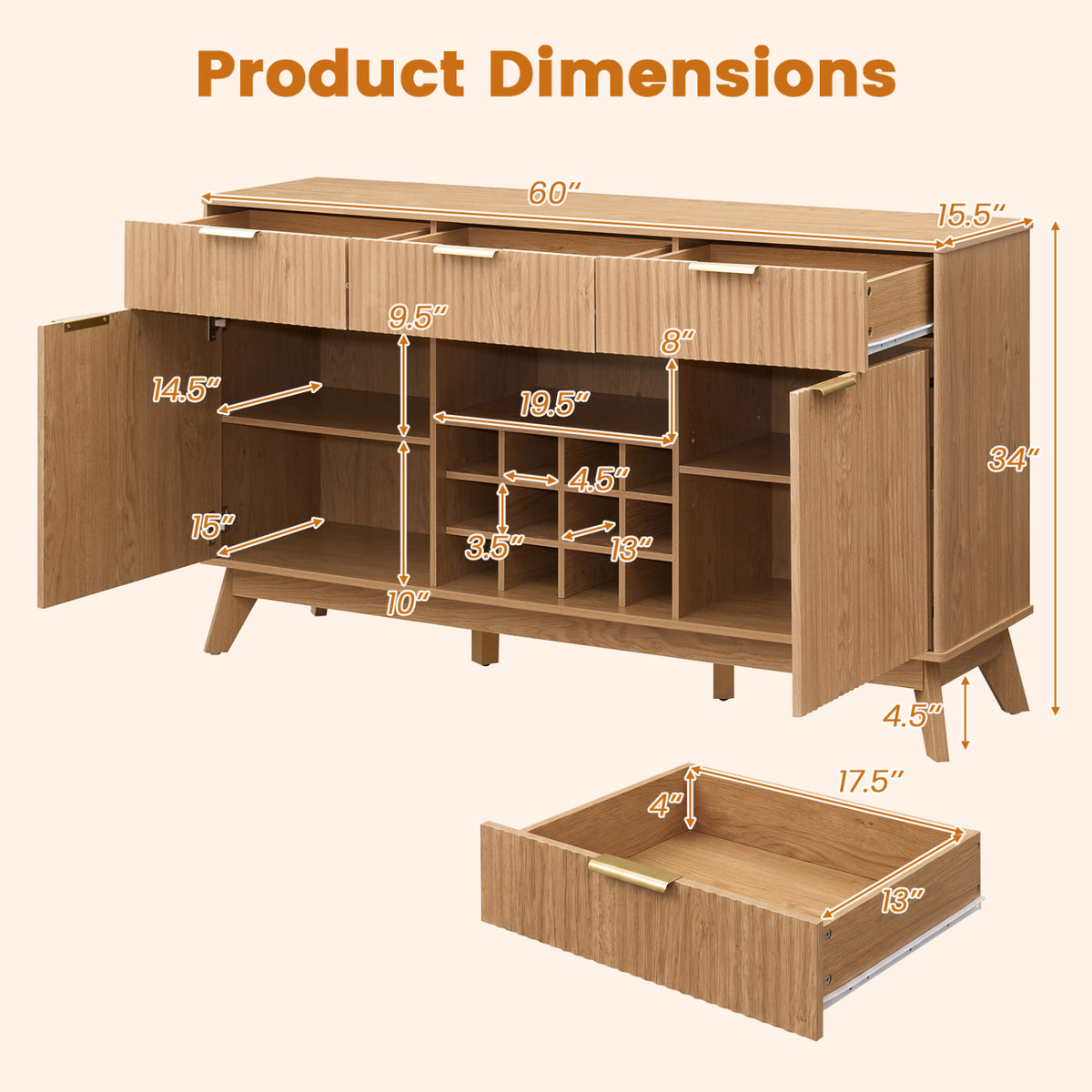 Armoire bar à vin, 2 portes, 3 porte-verres, naturel