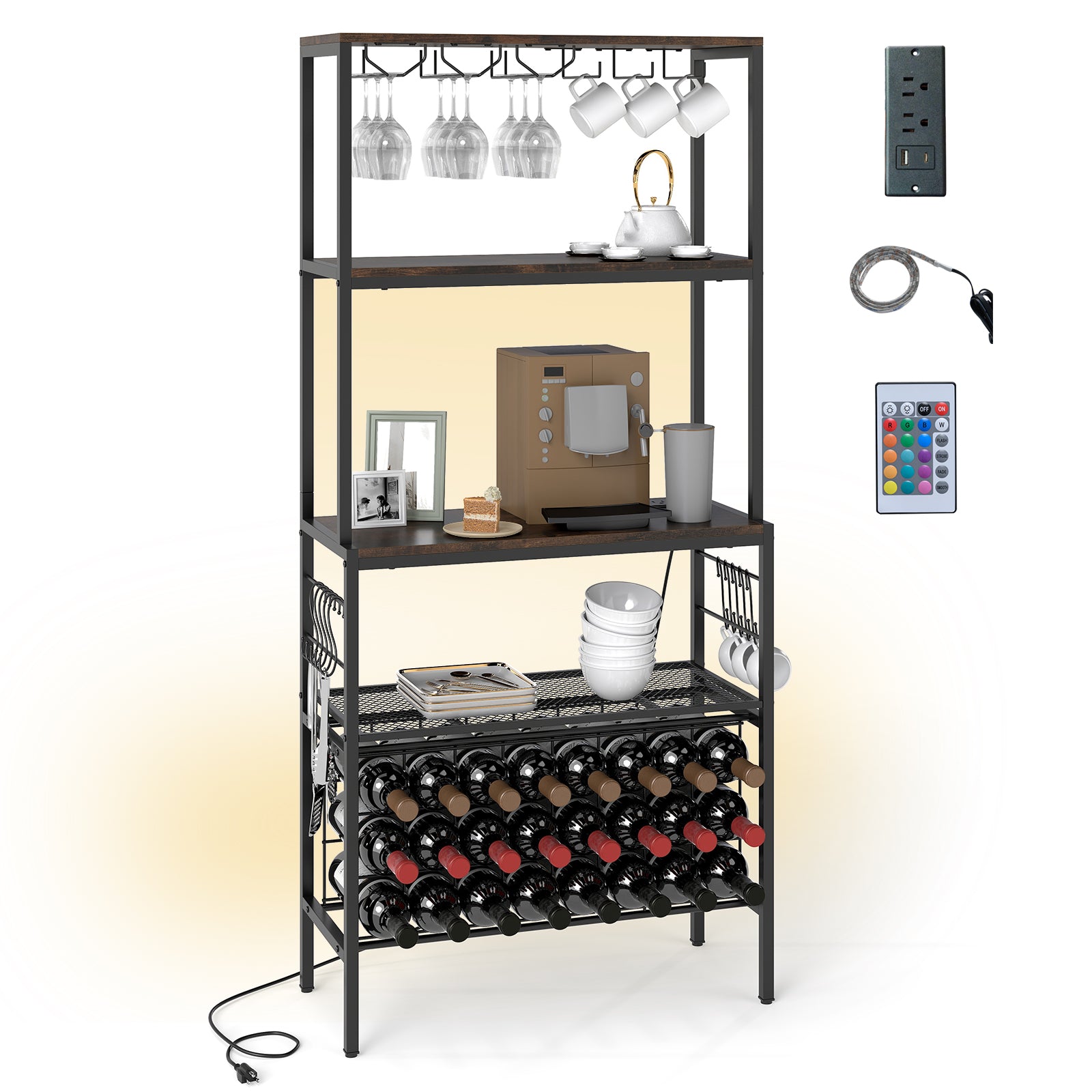 Wine Organizer With Power Outlet, Bottle Holders, Rustic Brown Wine Racks Rustic Brown at Gallery Canada