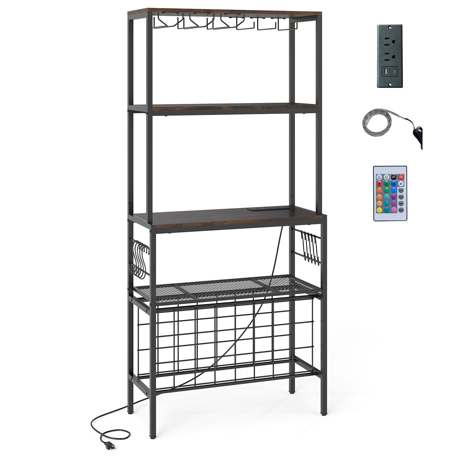 Wine Organizer with Power Outlet and Bottle Holders, Rustic Brown Wine Racks at Gallery Canada