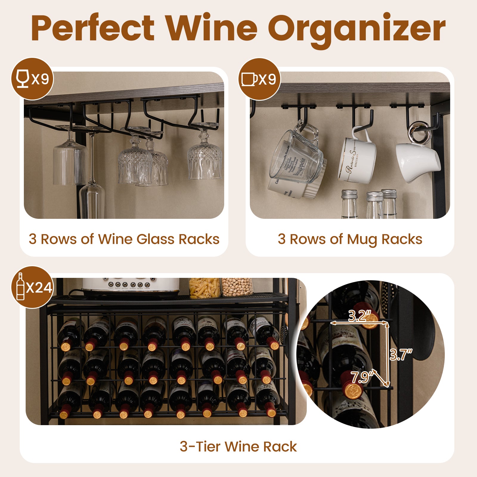 Wine Organizer with Power Outlet and Bottle Holders, Gray Wine Racks at Gallery Canada