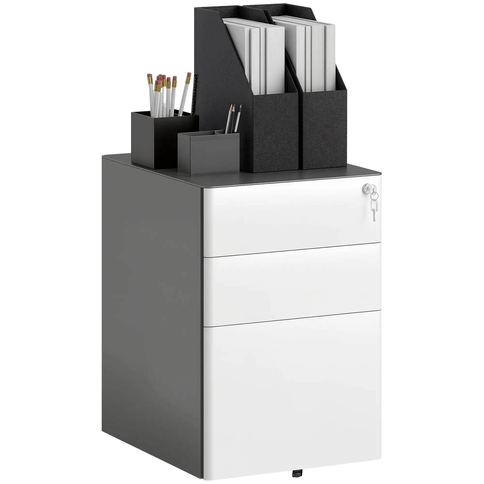 3 Drawer Filing Cabinet, Home Office Storage with Wheels, Lock, Grey and White Office Cabinets & Cupboards at Gallery Canada