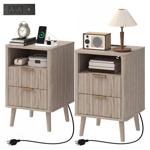 Modern Nightstands Set of 2, Charging Station, 2 Drawers, Open Shelf, Grey