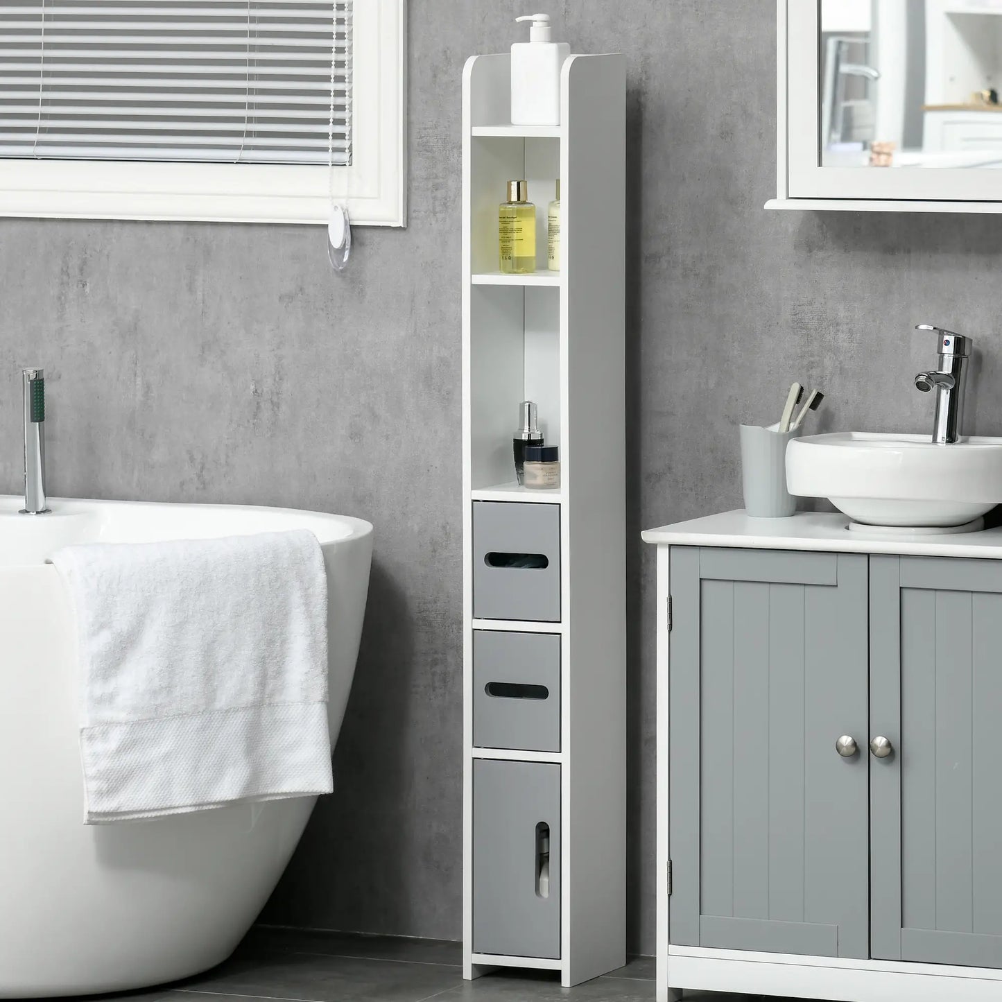 Freestanding Tall Bathroom Cabinet, Narrow Bathroom Storage Cabinet with Shelves and Cupboards, Grey and White