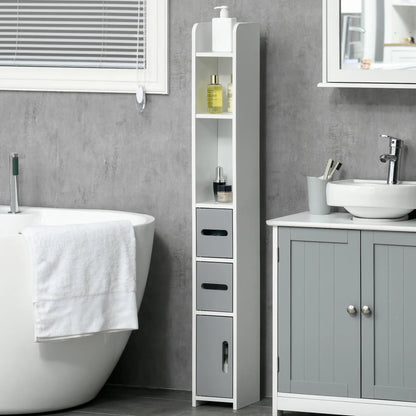 Freestanding Tall Bathroom Cabinet, Narrow Bathroom Storage Cabinet with Shelves and Cupboards, Grey and White