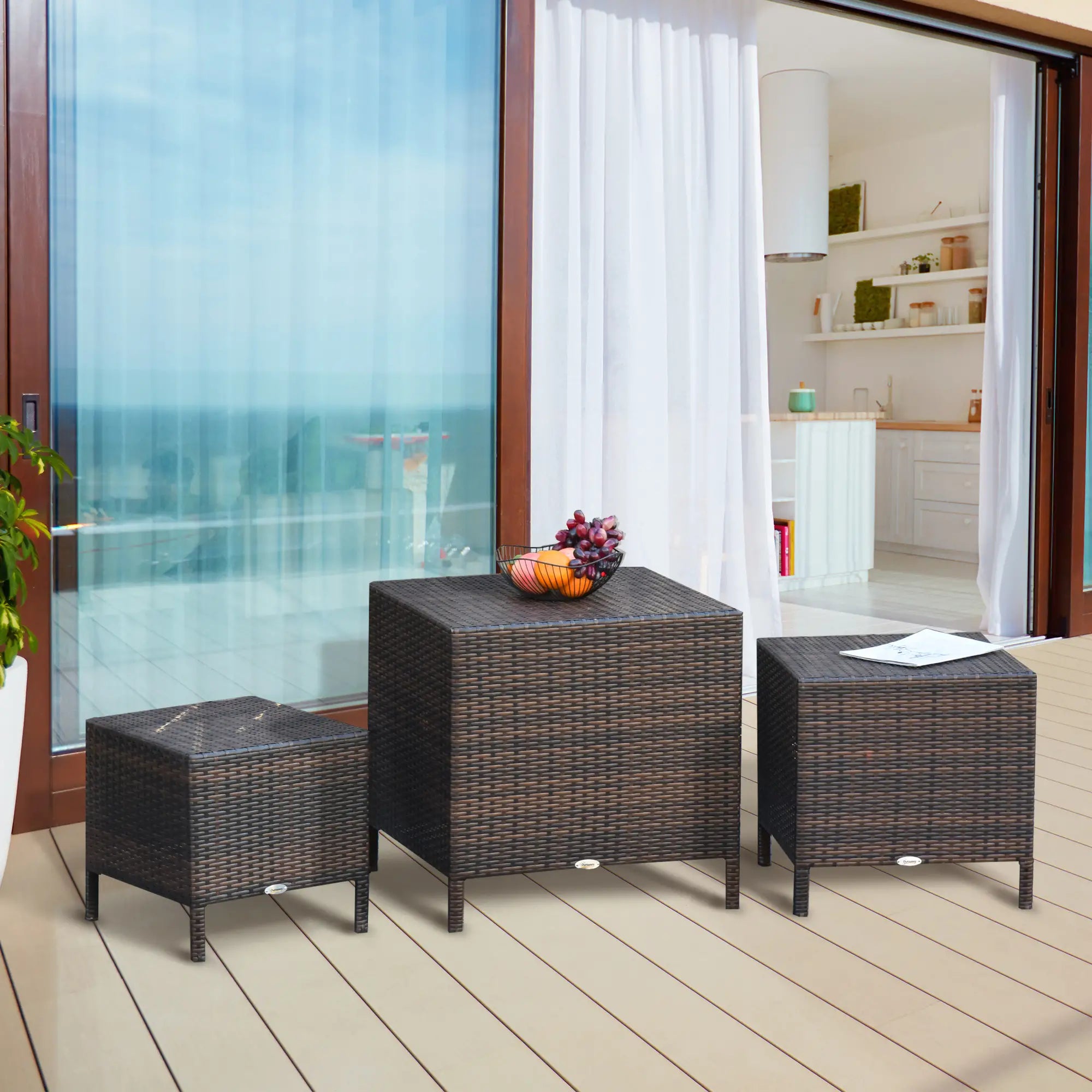 Set Of 3 Wicker Nesting Tables Outdoor Garden, Brown Bistro Sets at Gallery Canada