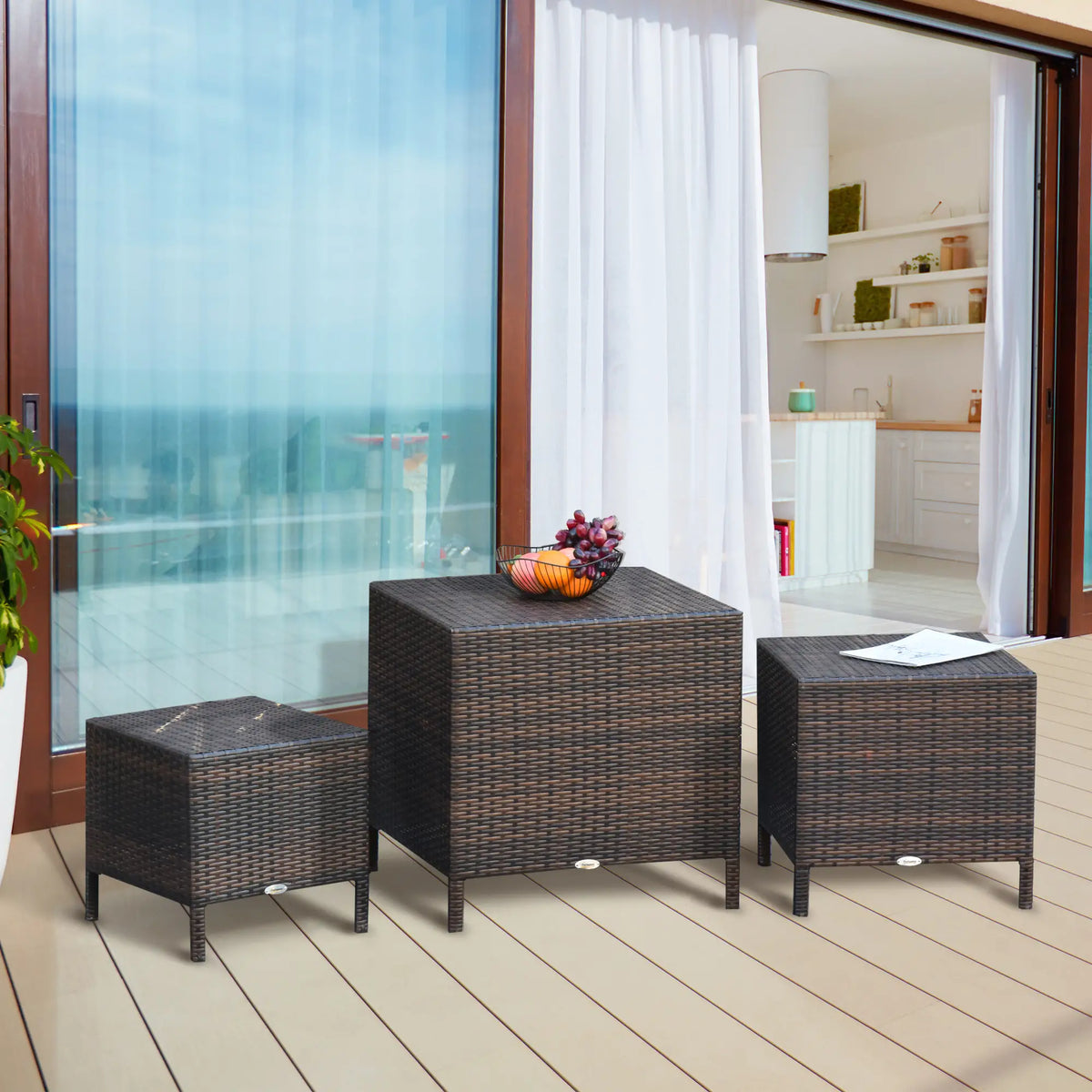 Set Of 3 Wicker Nesting Tables Outdoor Garden, Brown Bistro Sets at Gallery Canada