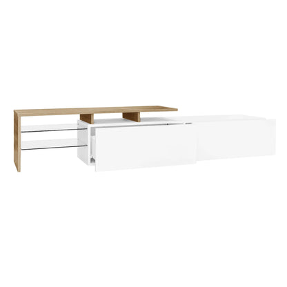 TV Stand With Glass Shelves, LED Lighting, 67" L x 13" W x 13" H, Natural, White TV Stands at Gallery Canada