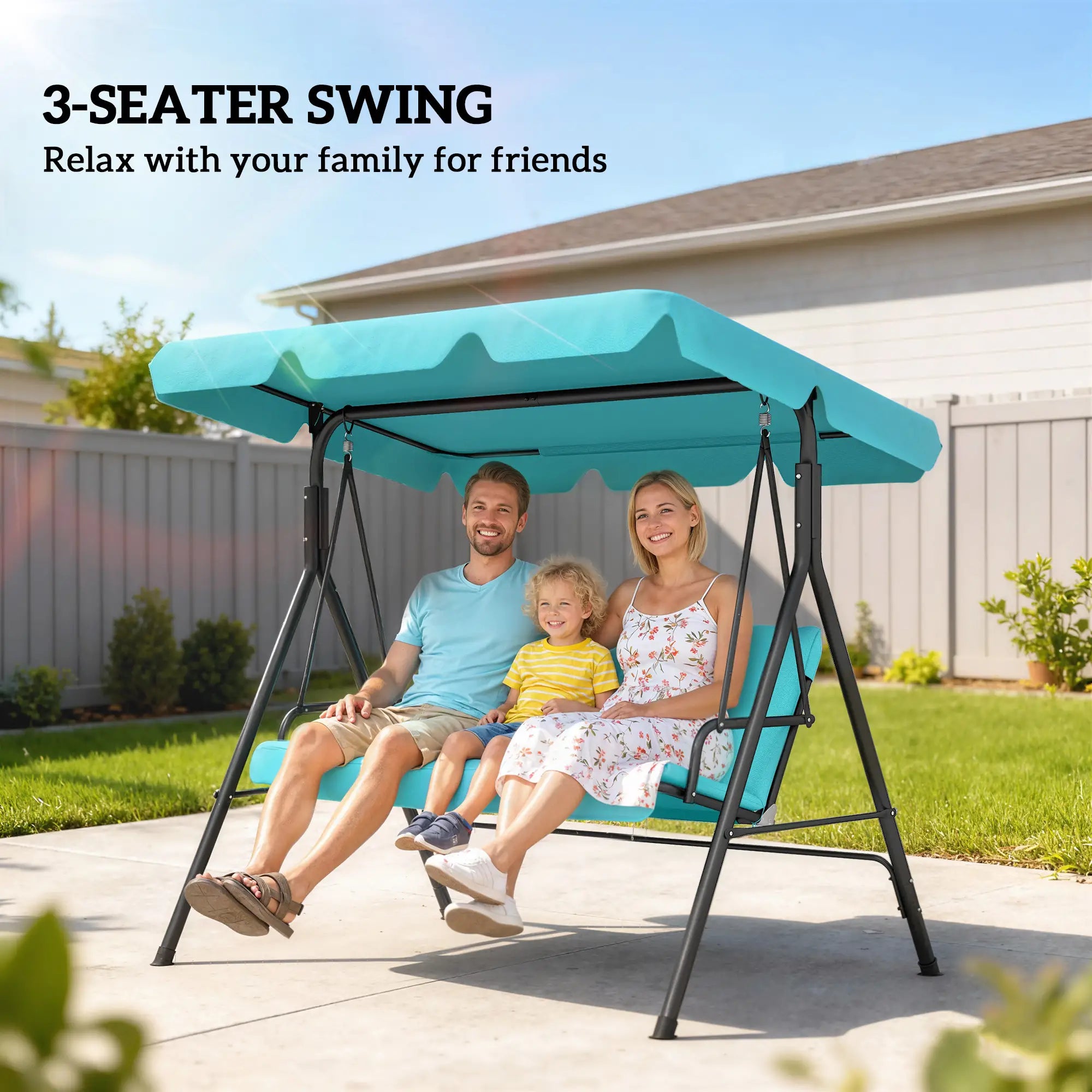 3-Seater Outdoor Porch Swing, Adjustable Canopy, Teal Porch Swings with Canopy at Gallery Canada