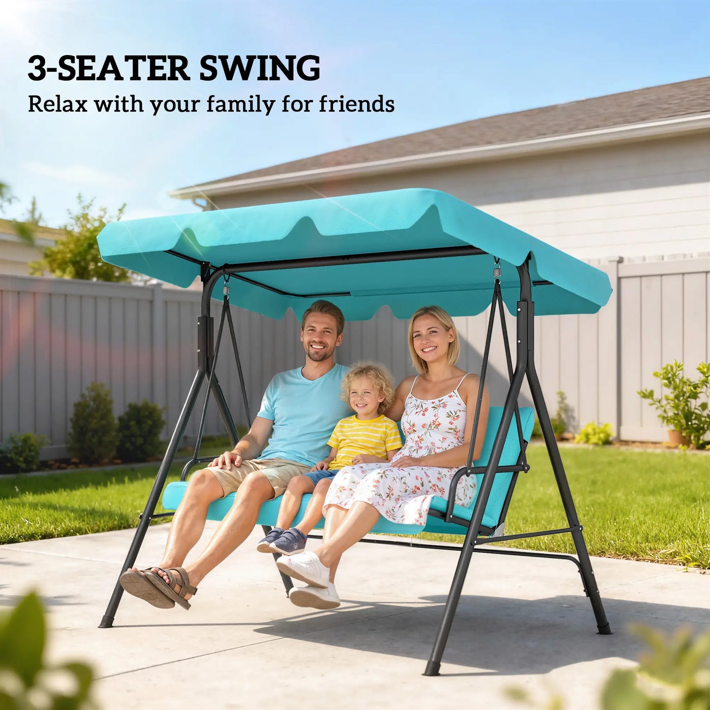 3-Seater Outdoor Porch Swing, Adjustable Canopy, Teal Porch Swings with Canopy at Gallery Canada