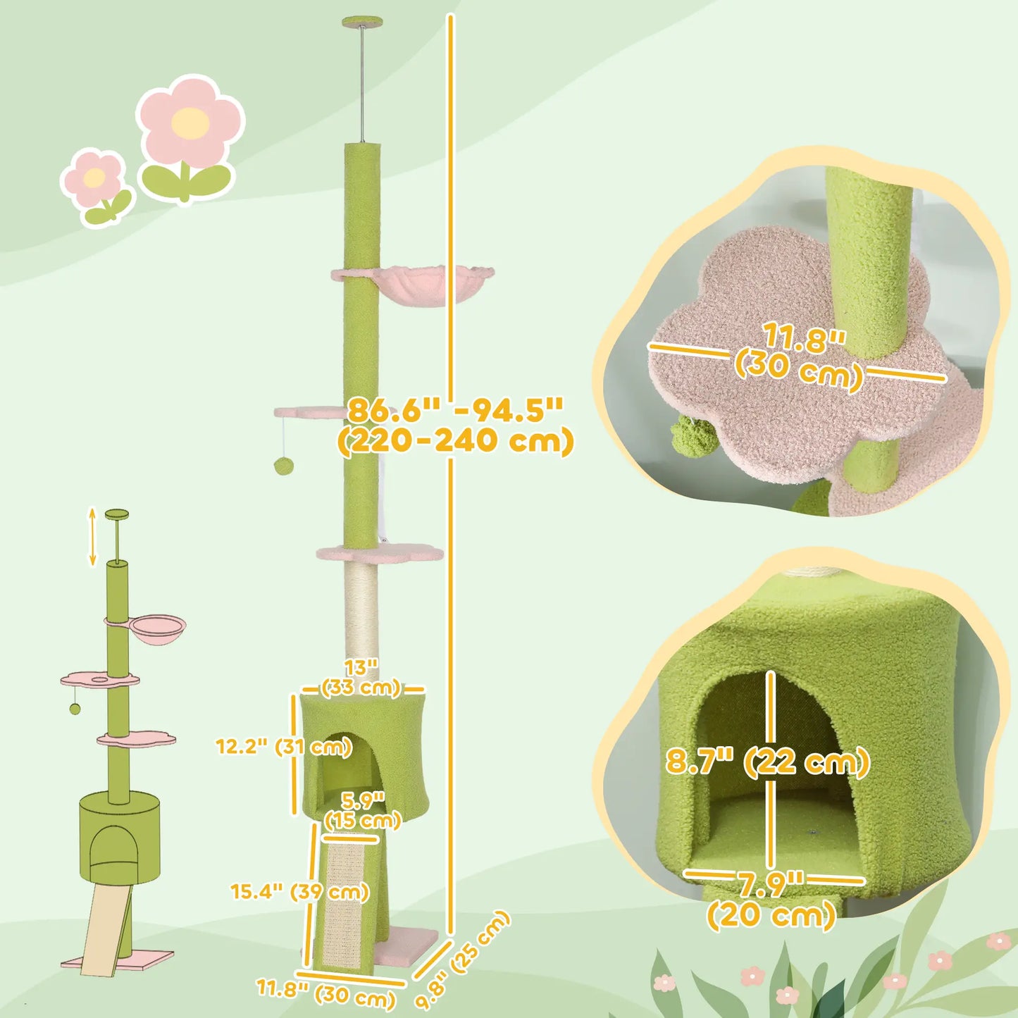 87"-94.5" Cat Tree, Sisal Scratching Post, Condo, Hammock, Ramp, Perches, Green Floor to Ceiling Cat Trees at Gallery Canada