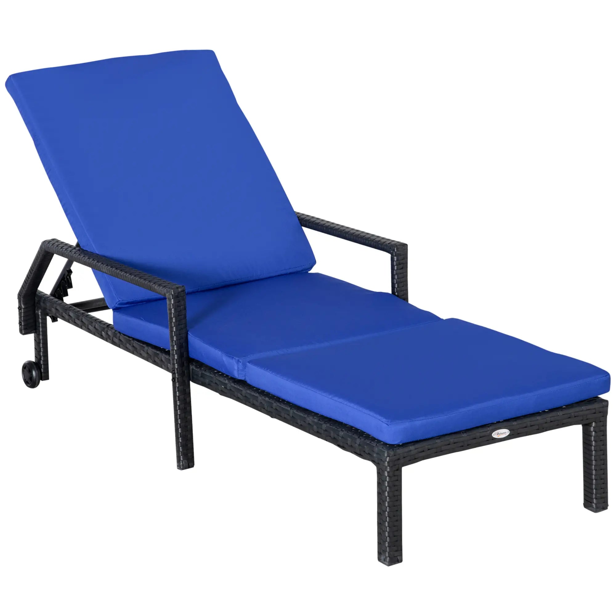 PE Rattan Chaise Lounger, Outdoor Recliner, 5-Level Backrest, 2 Wheels, Dark Blue Chaise Loungers Dark Blue at Gallery Canada