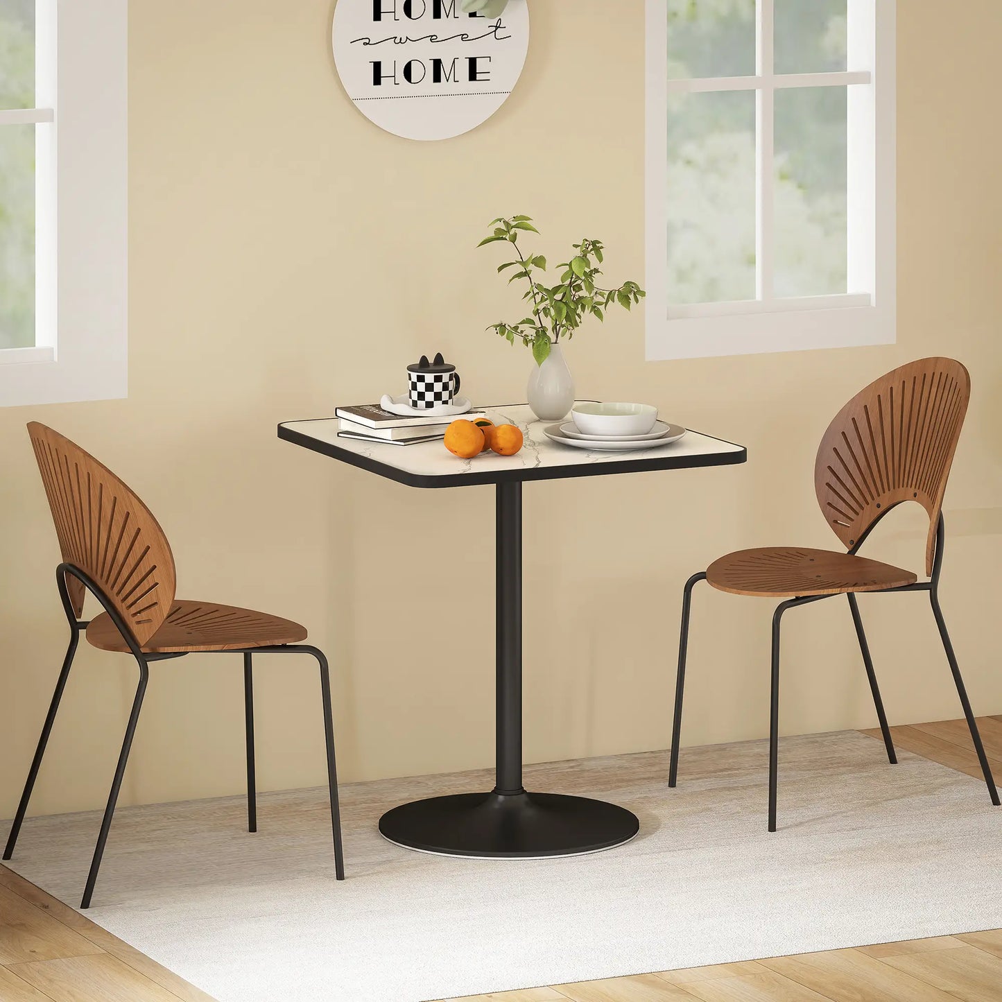 Modern Dining Table For 4, White Marble Effect Tabletop, Round Base, White