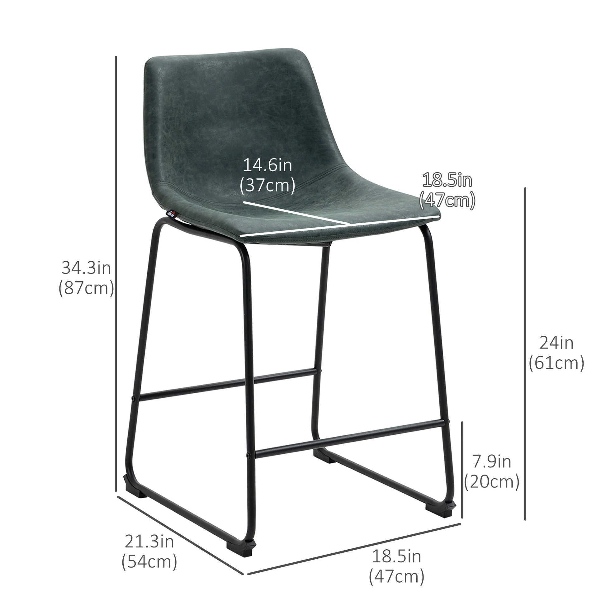 Vintage PU Leather Bar Stools Set of 2, Kitchen Stool with Footrest, Green Bar Stools at Gallery Canada