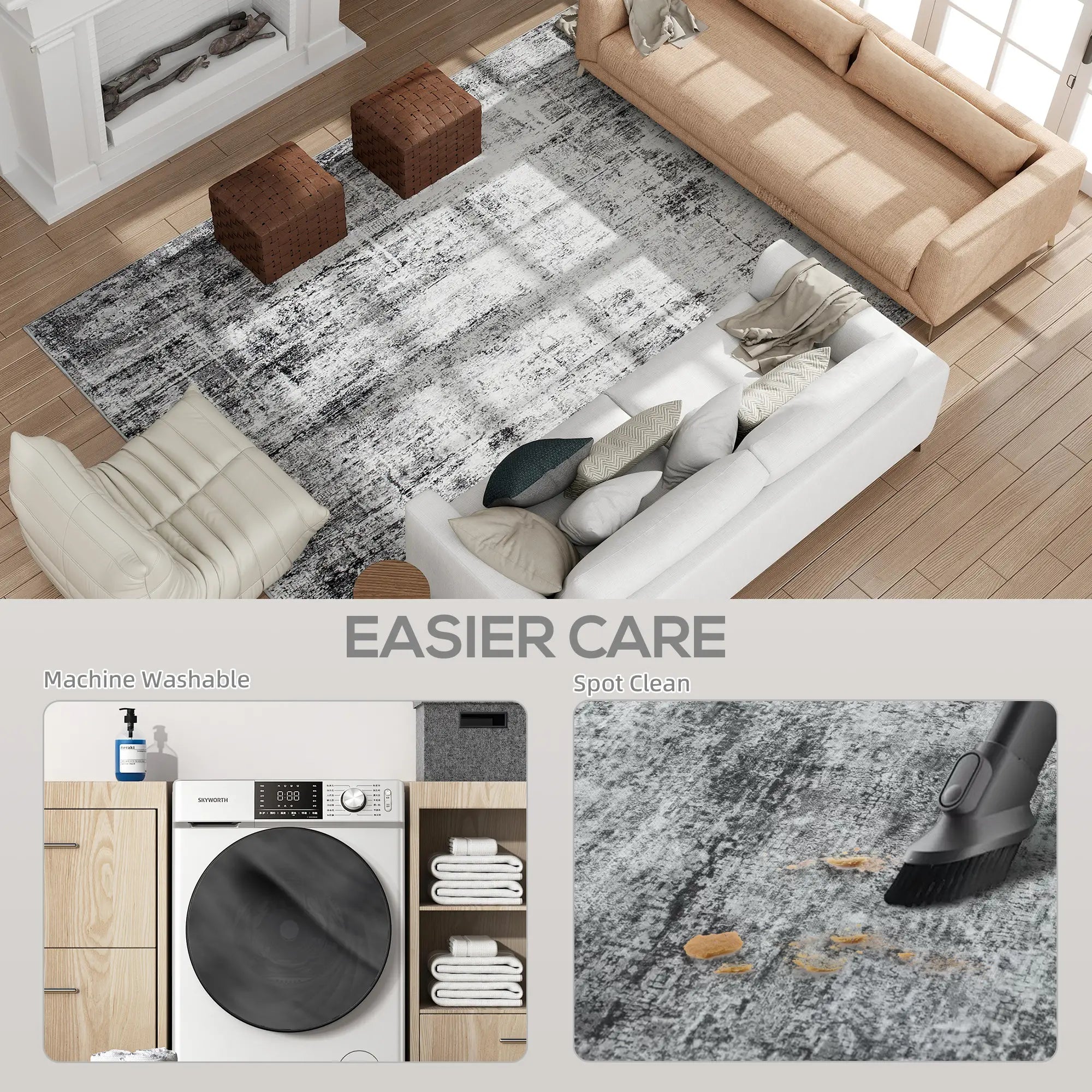 Modern Abstract Area Rug 9x12, Machine Washable, Non-Slip, Grey Living Room Furniture at Gallery Canada