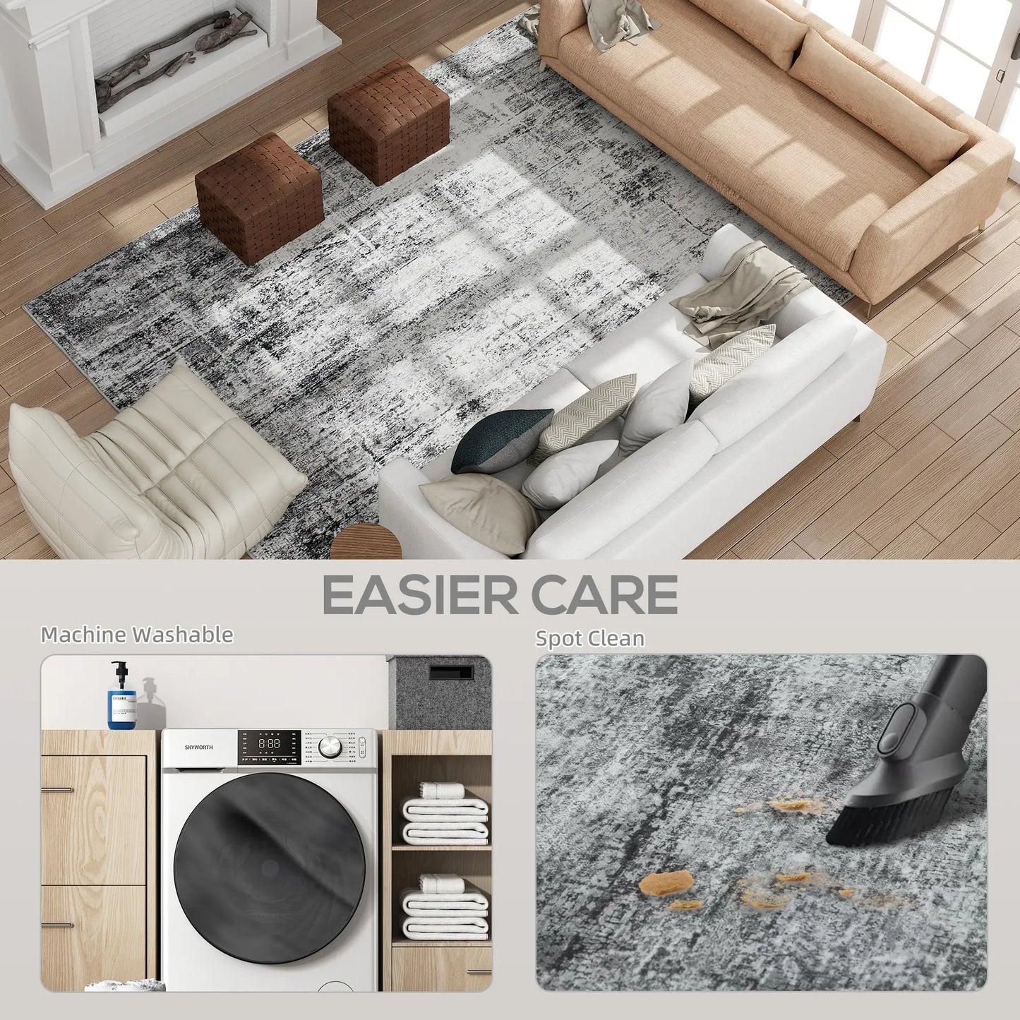 Modern Abstract Area Rug 9x12, Machine Washable, Non-Slip, Grey Living Room Furniture at Gallery Canada