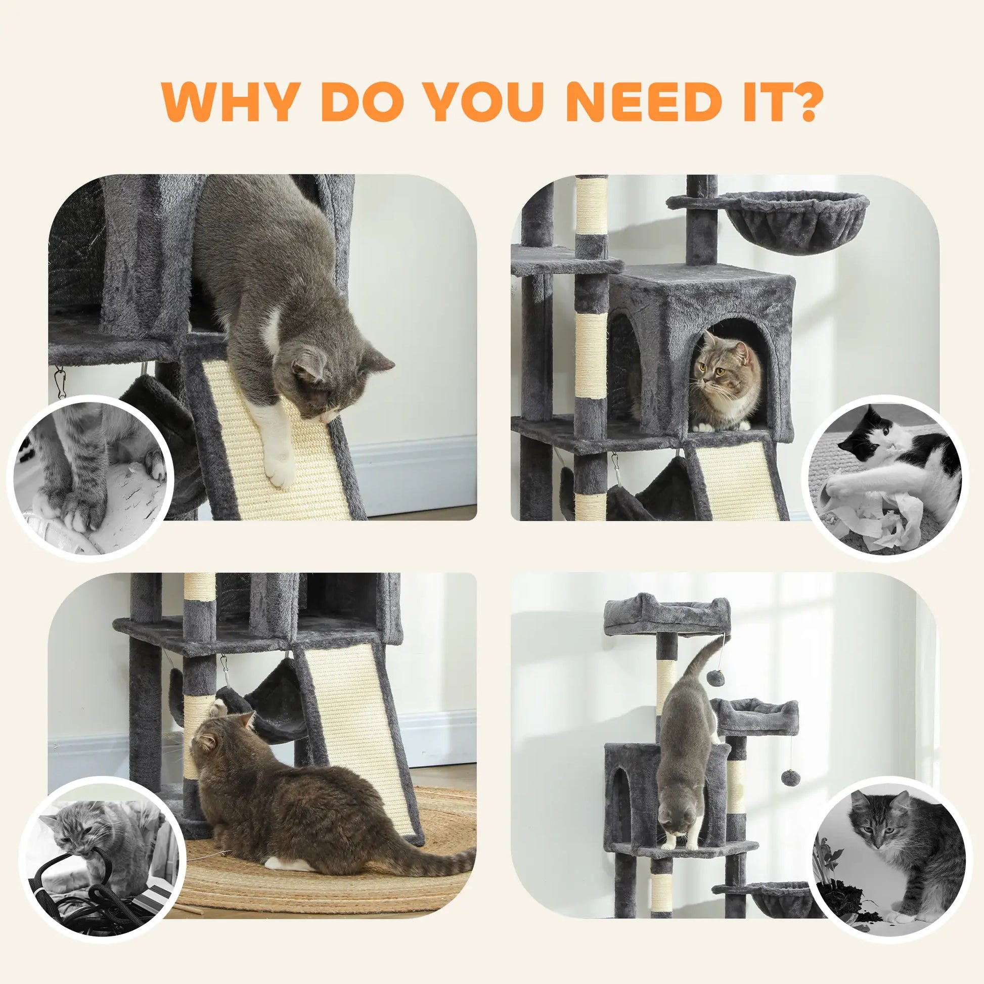 Cat Tree, 70 Inch Multi-Level Tower with Condos, Perches, Hammock, Dark Grey Cat Towers at Gallery Canada