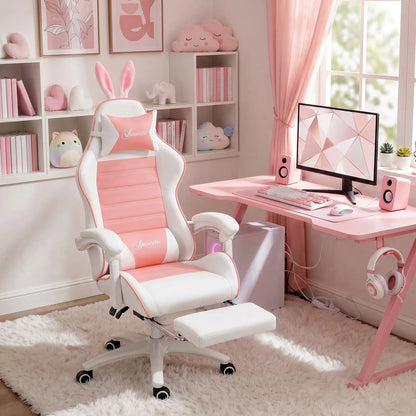 Racing Gamer Chair, PU Leather with Footrest, Headrest, Lumbar Support, Pink Video Game Chairs at Gallery Canada