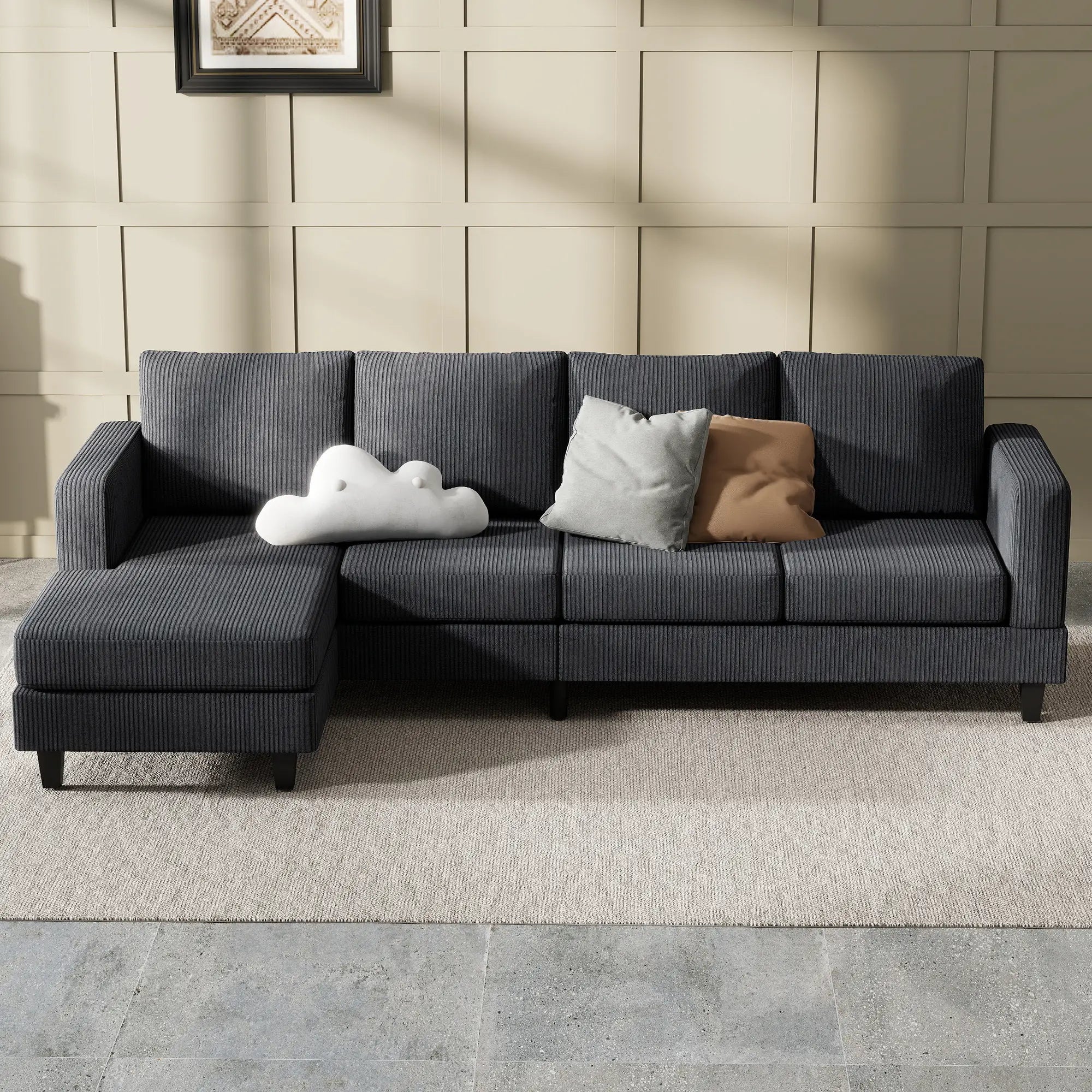 L Shaped Couch with Chaise Lounge, Spring Cushion, Charcoal Grey 3-Seater Sofas at Gallery Canada