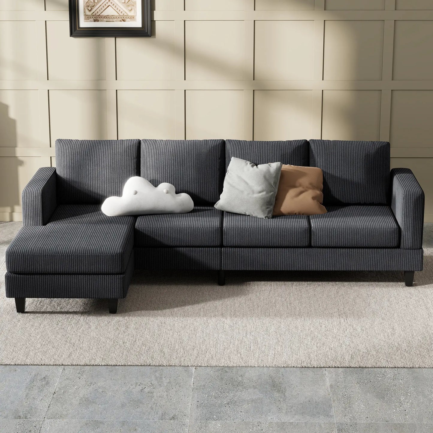 L Shaped Couch with Chaise Lounge, Spring Cushion, Charcoal Grey 3-Seater Sofas at Gallery Canada