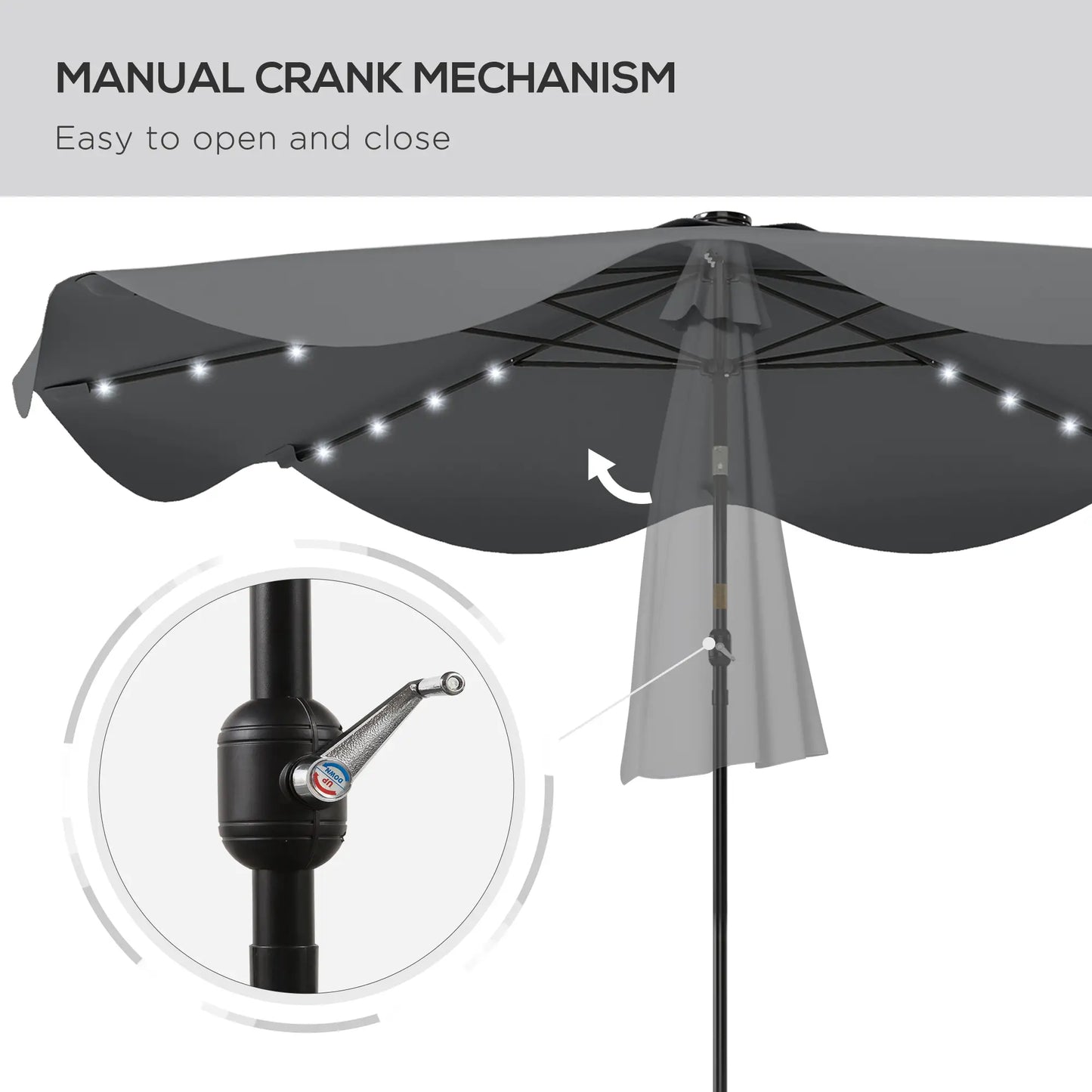 Solar Patio Umbrella with LED, Tilt, Crank, 10 x 10 ft, Dark Grey Sun Umbrellas at Gallery Canada