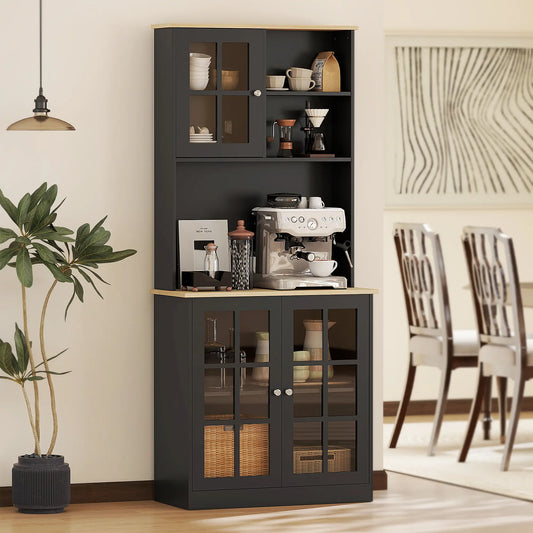Kitchen Buffet with Hutch, 3 Cabinets, 2 Shelves, Black Kitchen Pantry Cabinets Black and Oak at Gallery Canada