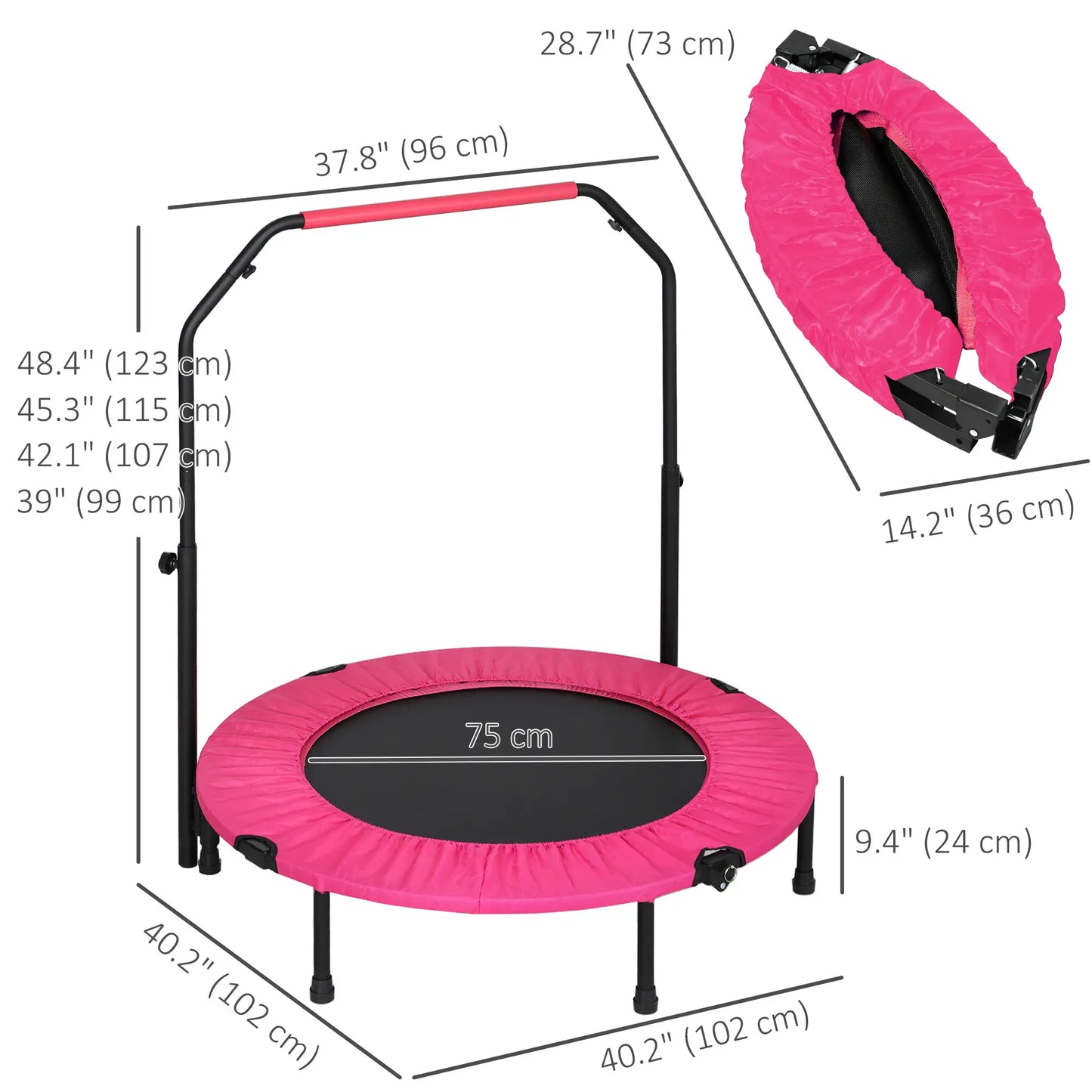 40" Foldable Mini Fitness Trampoline, Adjustable Foam Handle, Pink