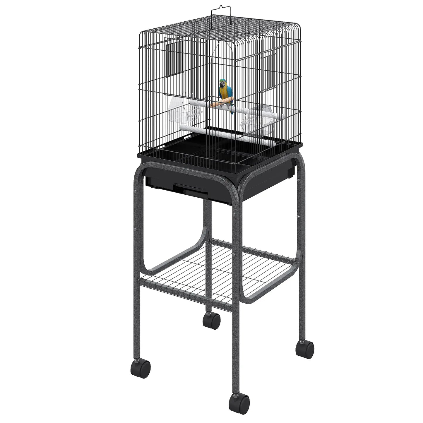 44.5"H Metal Bird Cage, Parrot Play Stand, Wheel, Storage Shelf, Black Bird Cages at Gallery Canada