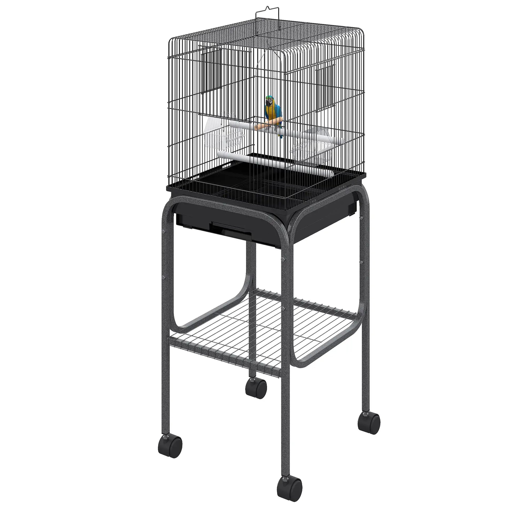 44.5"H Metal Bird Cage, Parrot Play Stand, Wheel, Storage Shelf, Black Bird Cages at Gallery Canada