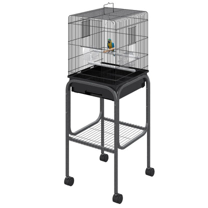 44.5"H Metal Bird Cage, Parrot Play Stand, Wheel, Storage Shelf, Black Bird Cages at Gallery Canada
