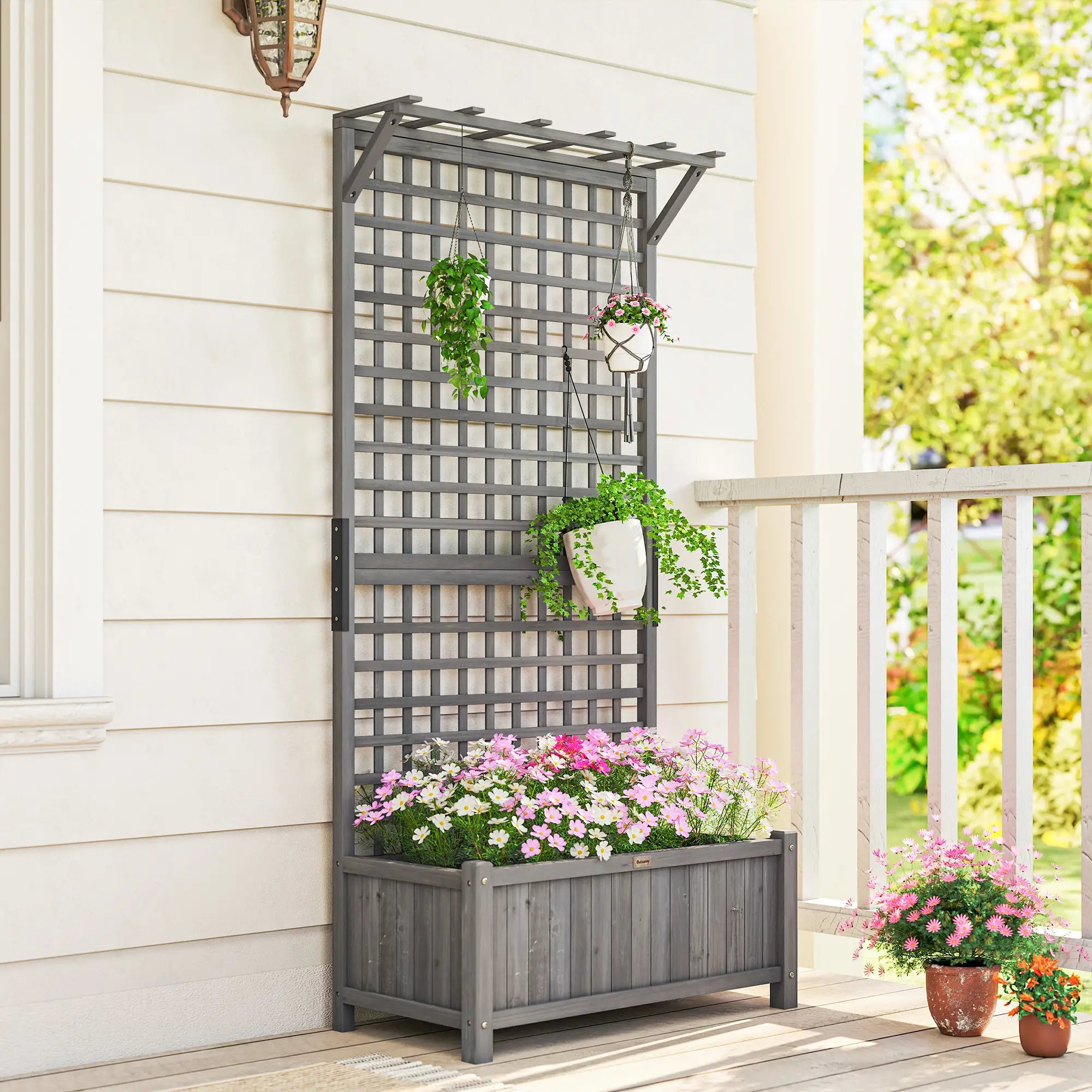 Wood Planter with Trellis, Raised Garden Bed, Privacy Screen, Dark Grey Wooden Planter Boxes at Gallery Canada