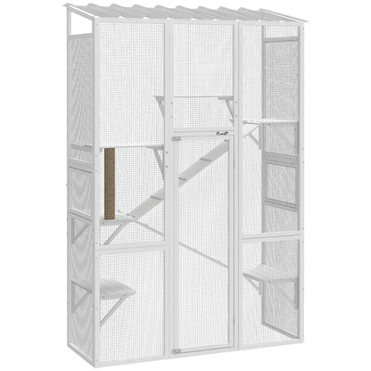 Wooden Catio Outdoor Cat Enclosure, 6 Platforms, Scratching Post, 2 Ramps, Waterproof Roof, White Outdoor Cat Enclosures at Gallery Canada