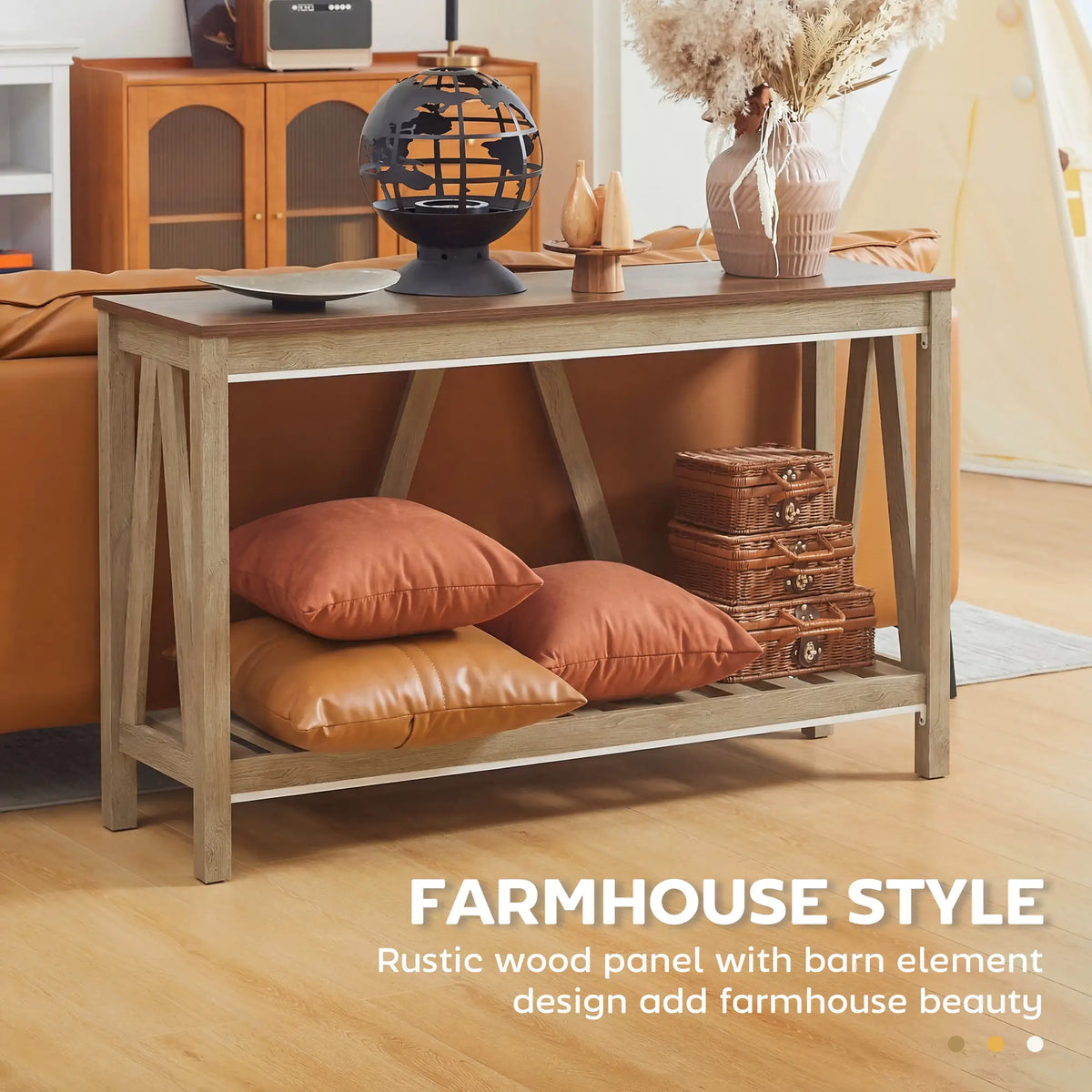 Farmhouse Console Table with Storage Shelf, Rustic Sofa Table, Oak Console Tables at Gallery Canada