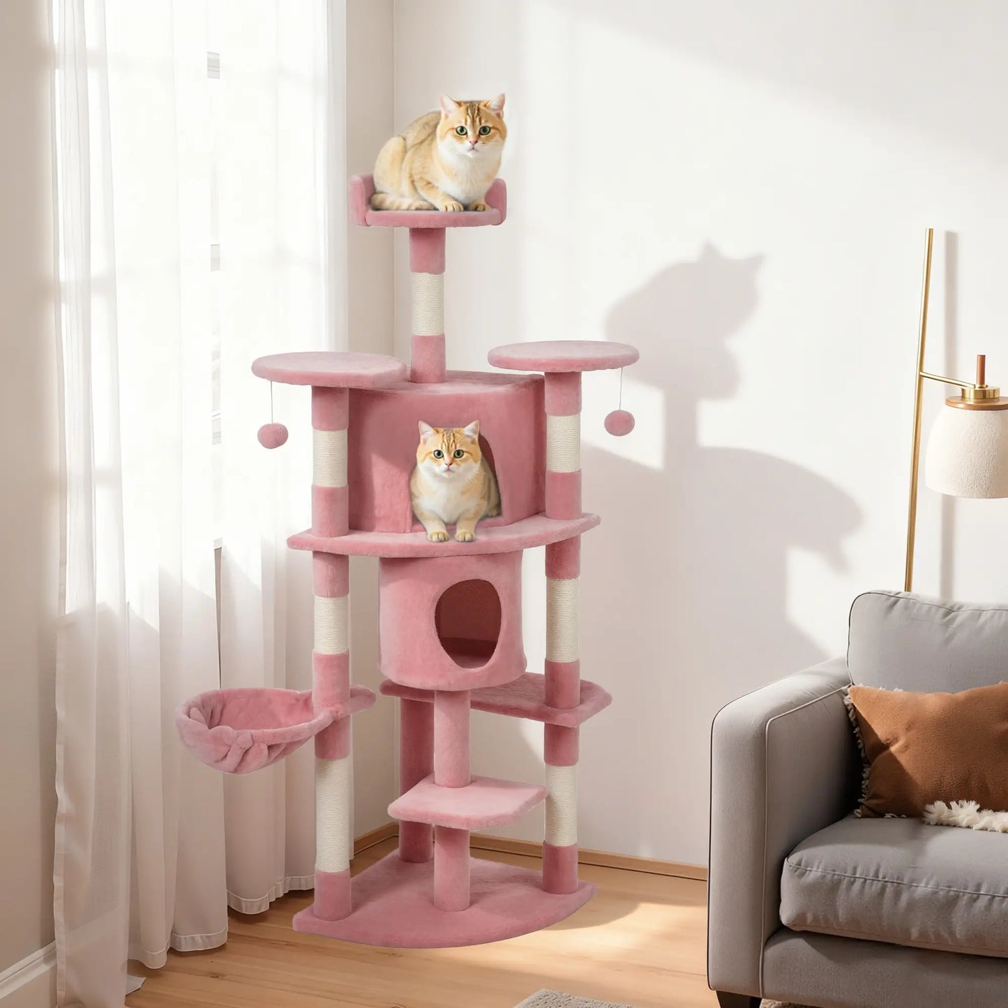 62" Cat Tree With Scratching Post, 2 Condos, Hammock, Pink