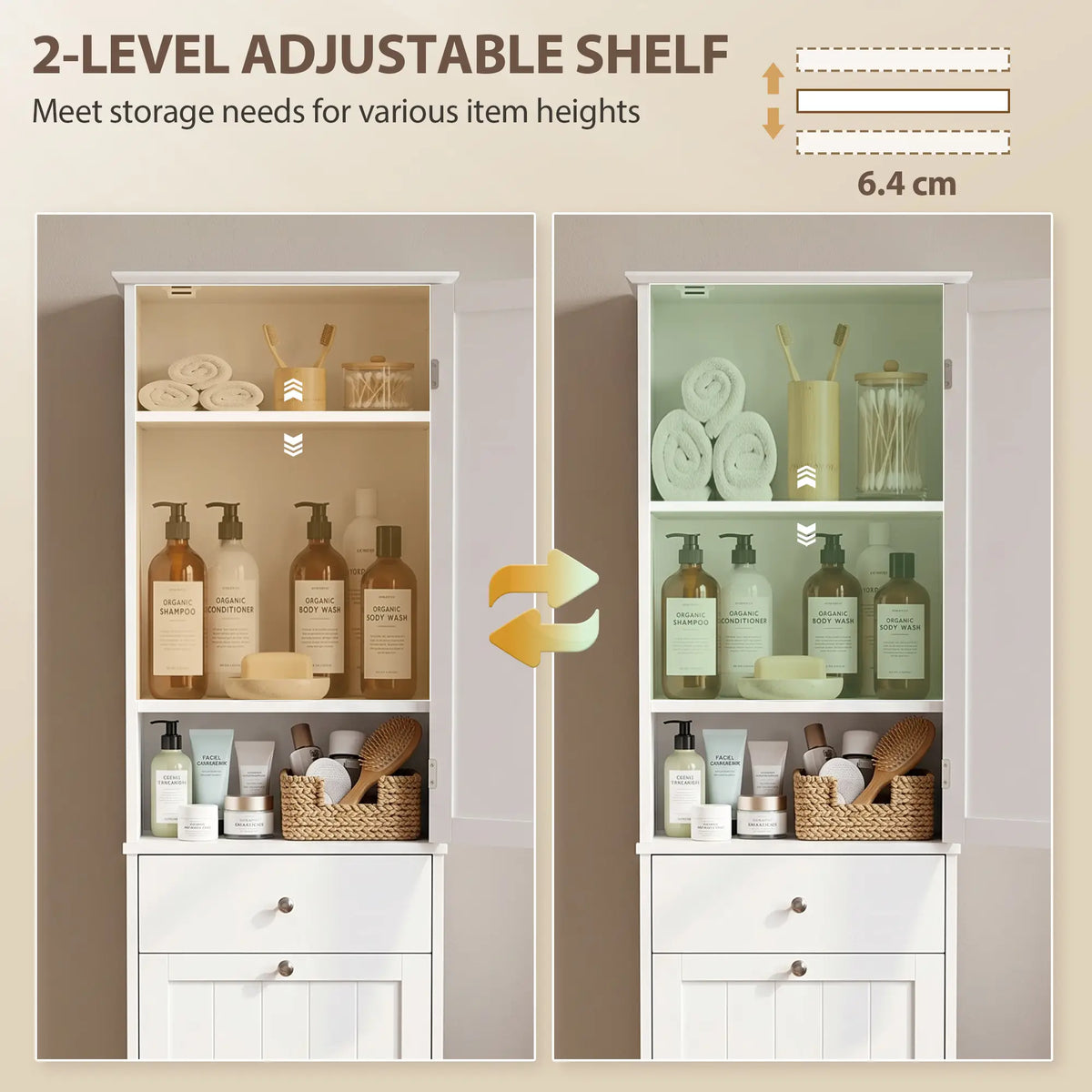 71" Tall Bathroom Storage Cabinet, Narrow with Laundry Basket, White