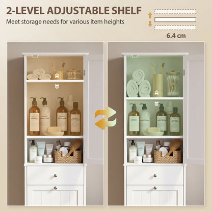 71" Tall Bathroom Storage Cabinet, Narrow with Laundry Basket, White
