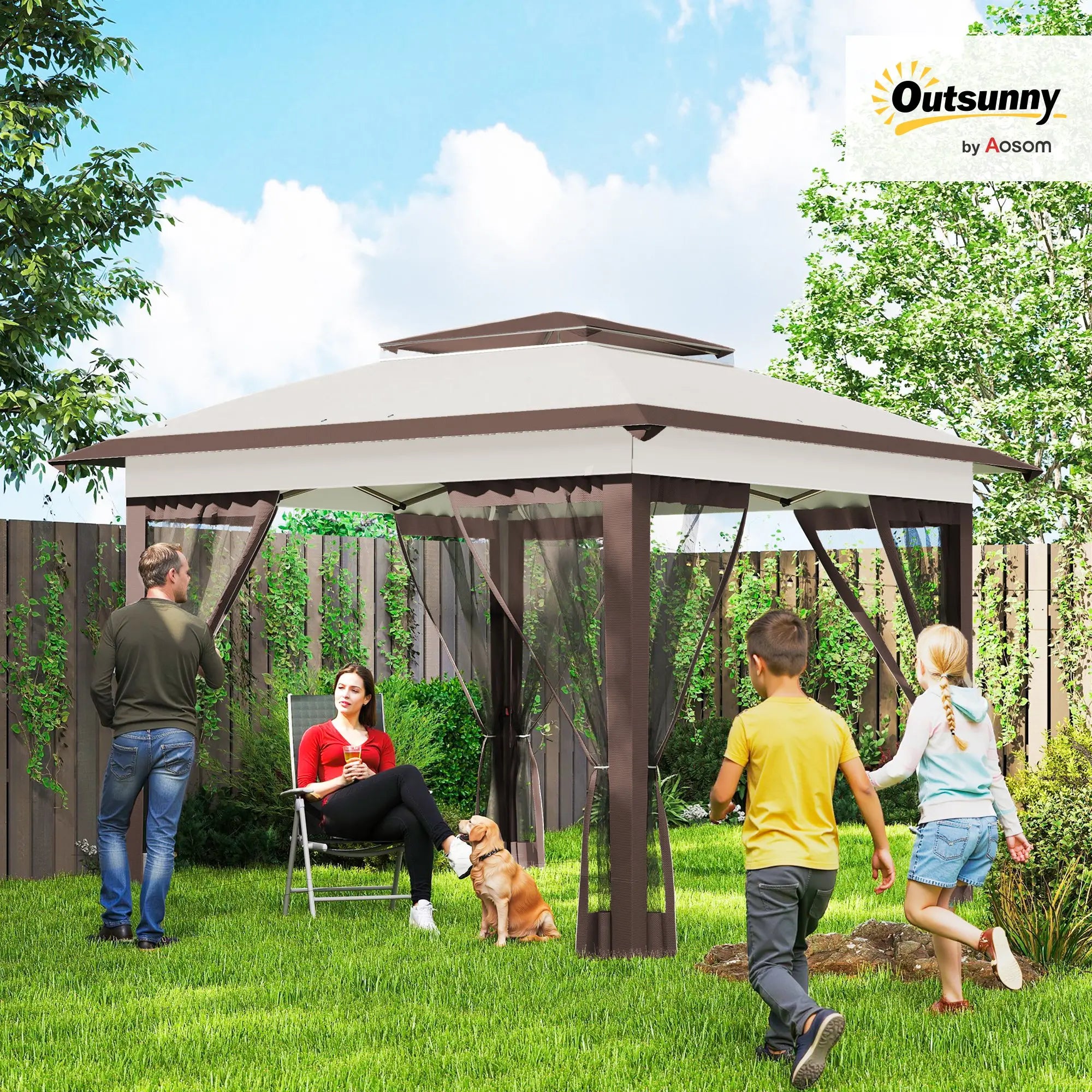 12' x 12' Pop Up Canopy, Sun Shade Tent, Mesh Sidewalls, Beige, Dark Brown Pop Up Canopies at Gallery Canada