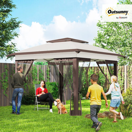 12' x 12' Pop Up Canopy, Sun Shade Tent, Mesh Sidewalls, Beige, Dark Brown