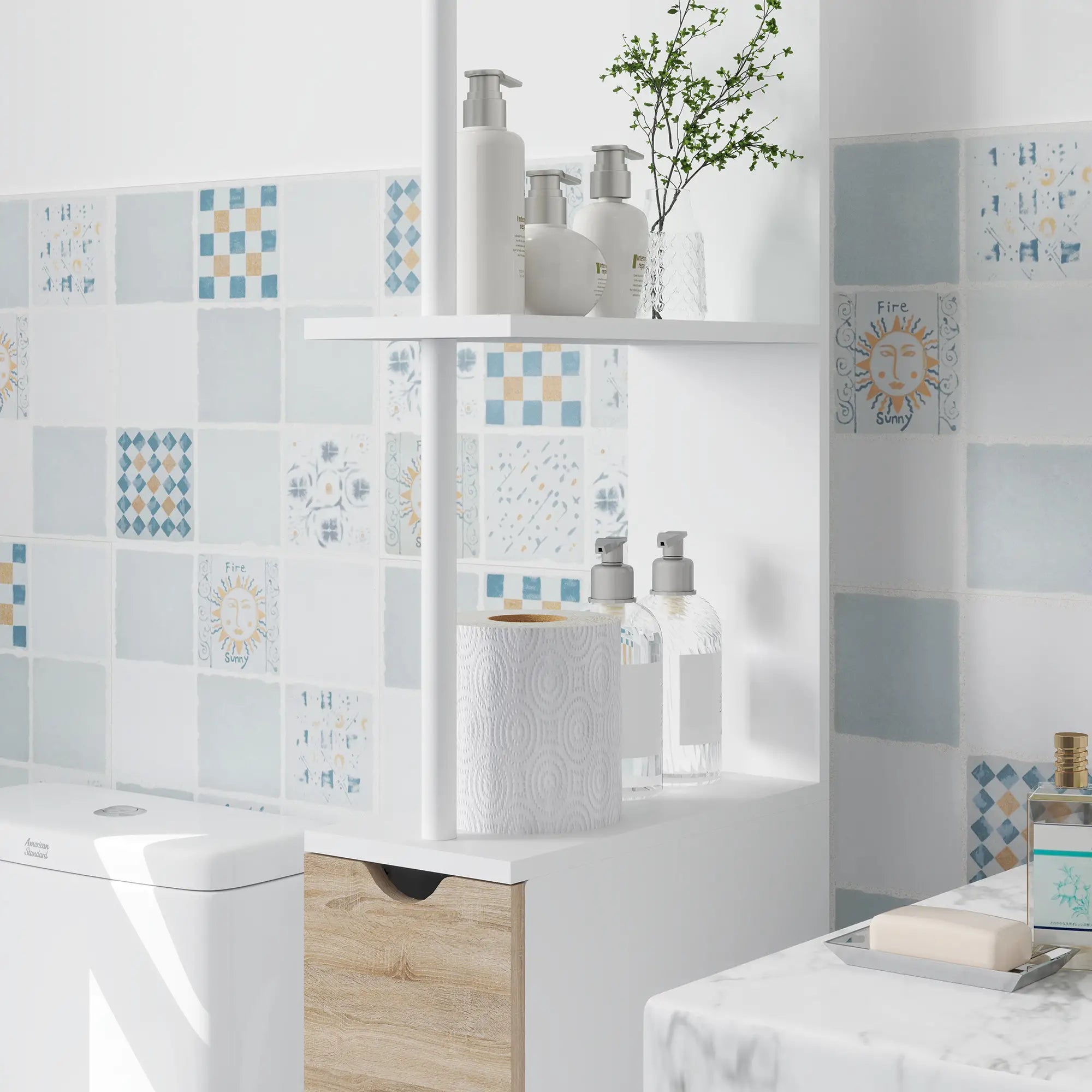 Tall Bathroom Storage Cabinet, Narrow Bathroom Cabinet with Drawers and Open Shelves for Small Spaces, Natural Wood Freestanding Bathroom Cabinets at Gallery Canada