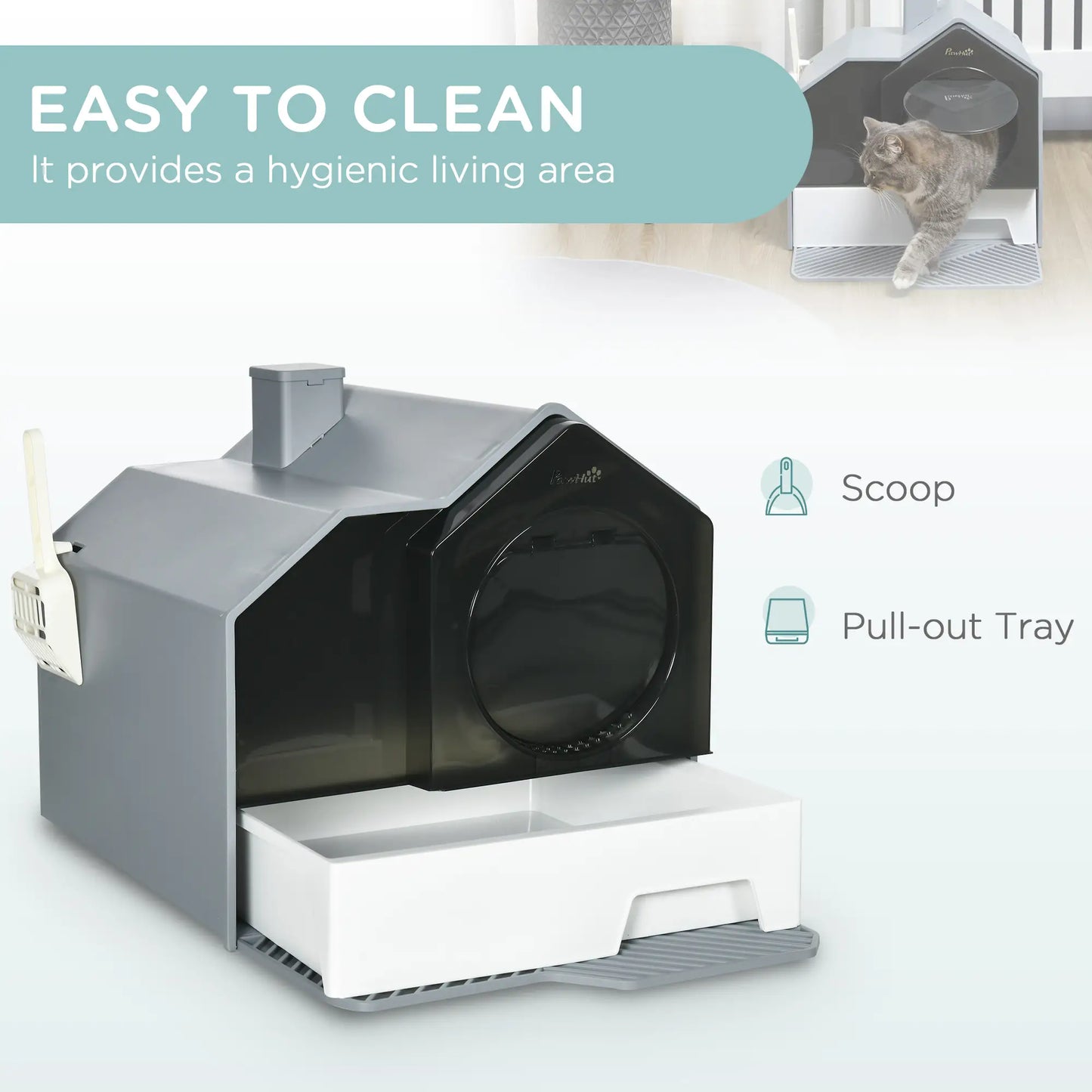 Hooded Cat Litter Box with Lid, Pull-Out Drawer, Scoop, Grey Cat Litter Box Enclosures at Gallery Canada