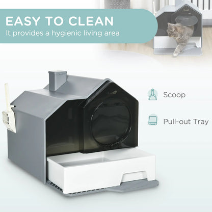 Hooded Cat Litter Box with Lid, Pull-Out Drawer, Scoop, Grey Cat Litter Box Enclosures at Gallery Canada