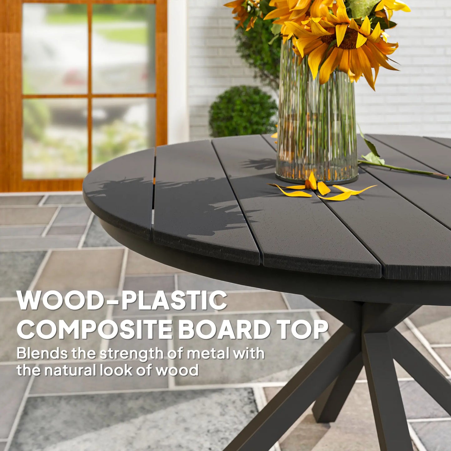 46.5" Round Outdoor Dining Table For 6, Slatted Top, Black Patio Dining Tables at Gallery Canada