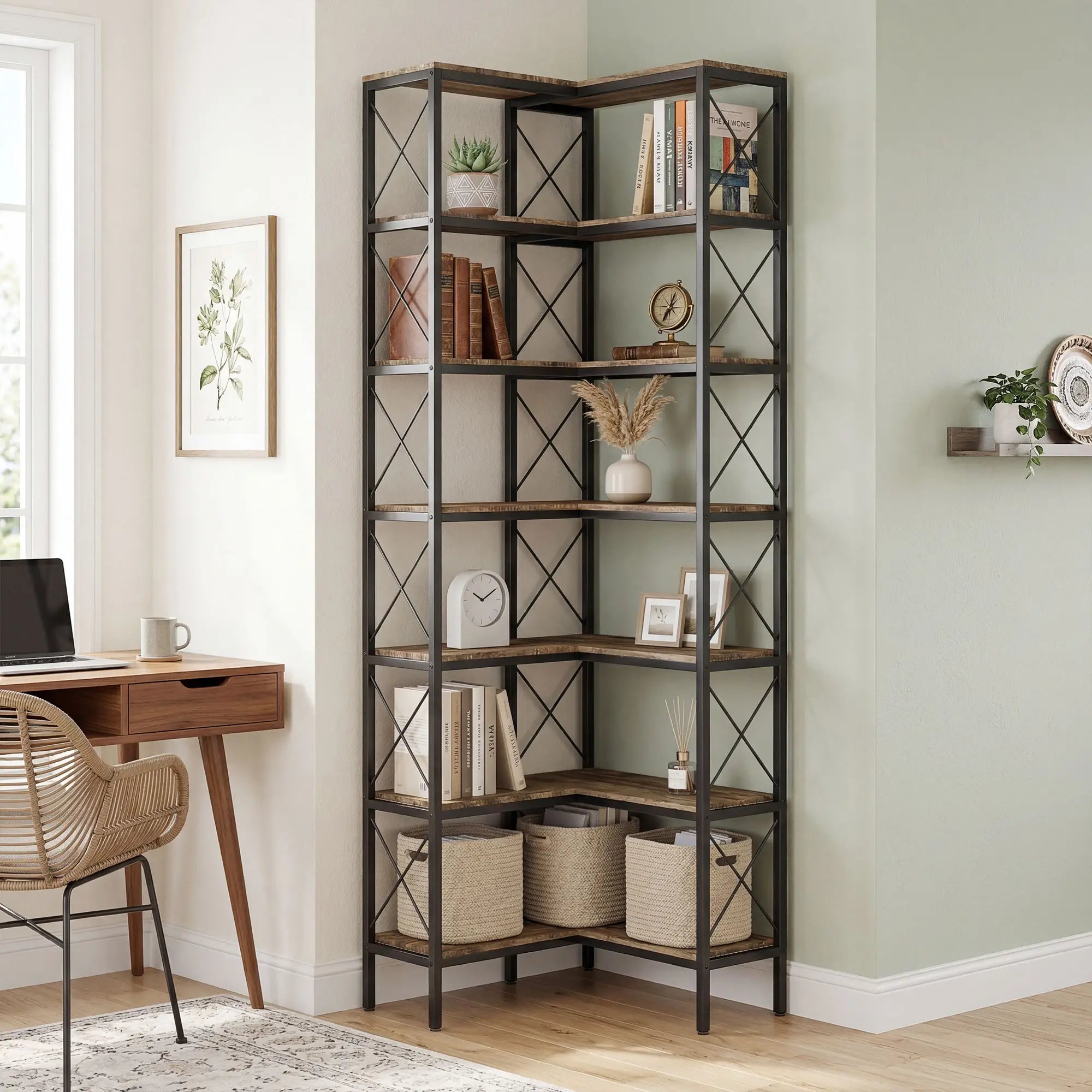 6-Tier L-Shaped Bookshelf, Freestanding Corner Bookcase with Metal Frame, Rustic Brown Display Bookshelves at Gallery Canada