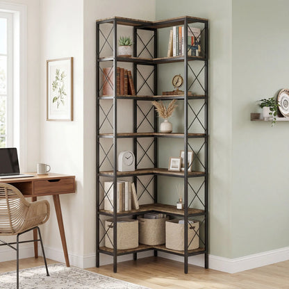 6-Tier L-Shaped Bookshelf, Freestanding Corner Bookcase with Metal Frame, Rustic Brown Display Bookshelves at Gallery Canada