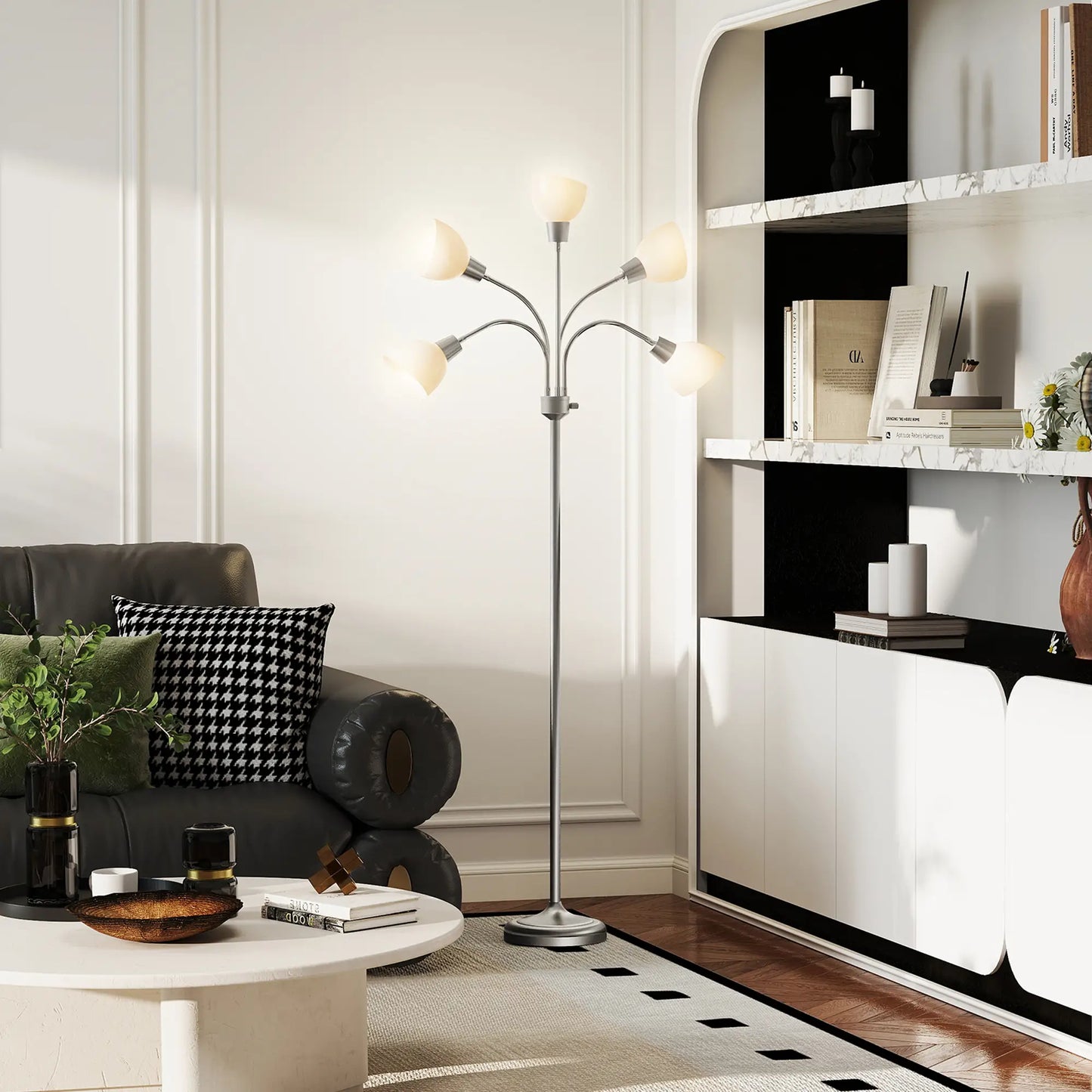 Arc Tree Floor Lamp with 5 Adjustable Rotating Lights, Modern Standing Gooseneck Reading Light for Living Room Bedroom Office, Satin Nickel Floor Lamps & Ceiling Fan Lights at Gallery Canada