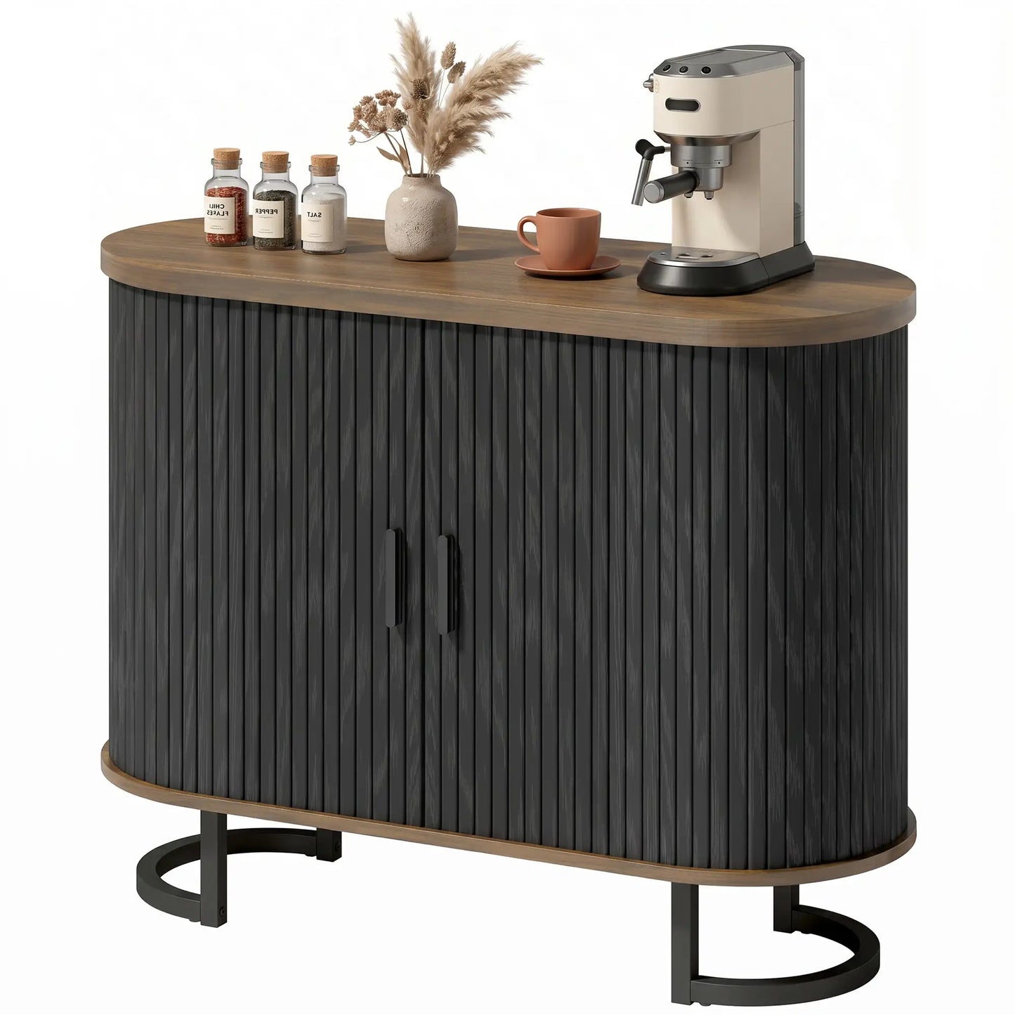 Sideboard Buffet Cabinet with Curved Tambour Doors, Brown/Black